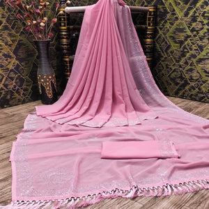 Pink Swarovski Work Georgette Saree With Tassels