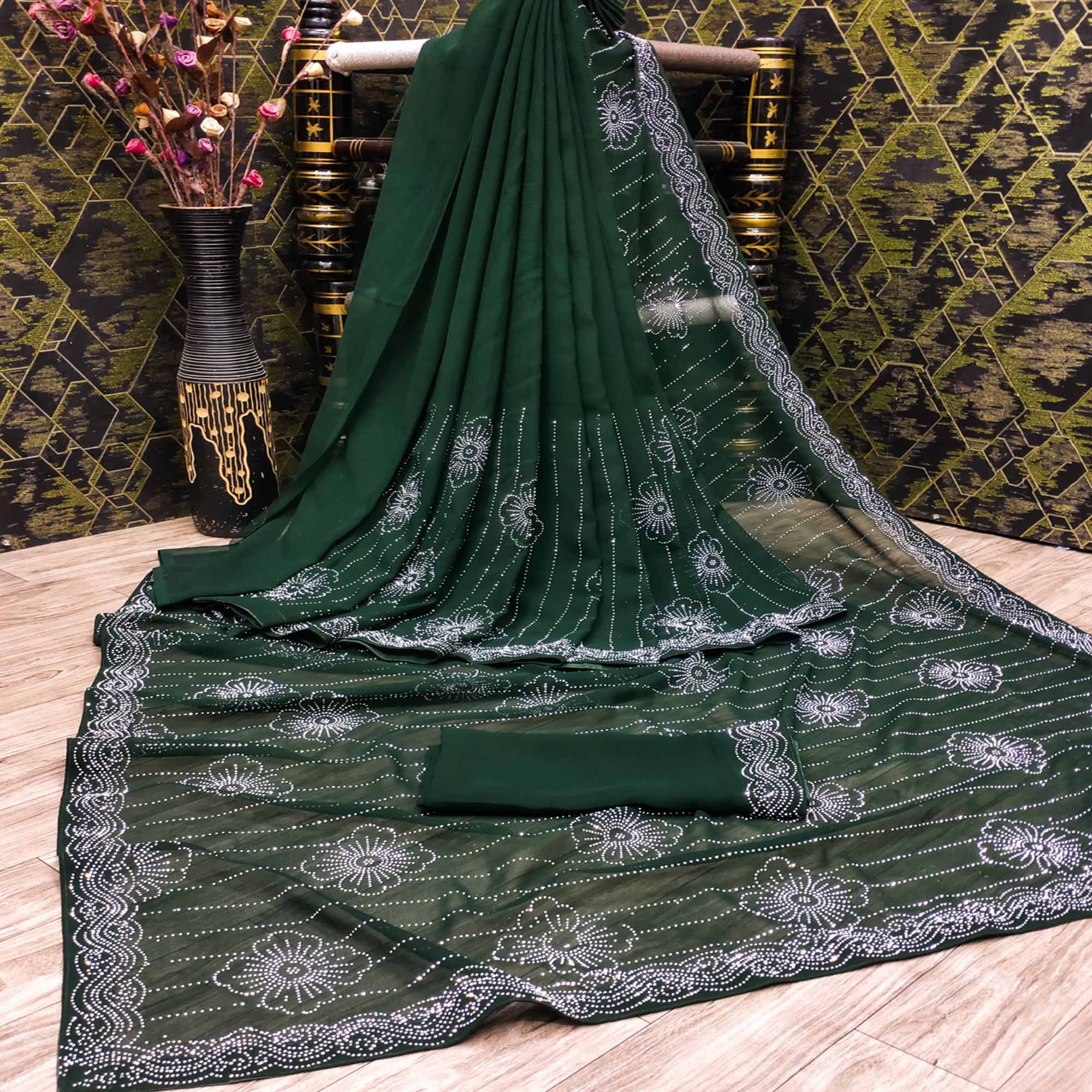 Green Floral Swarovski Work Georgette Saree