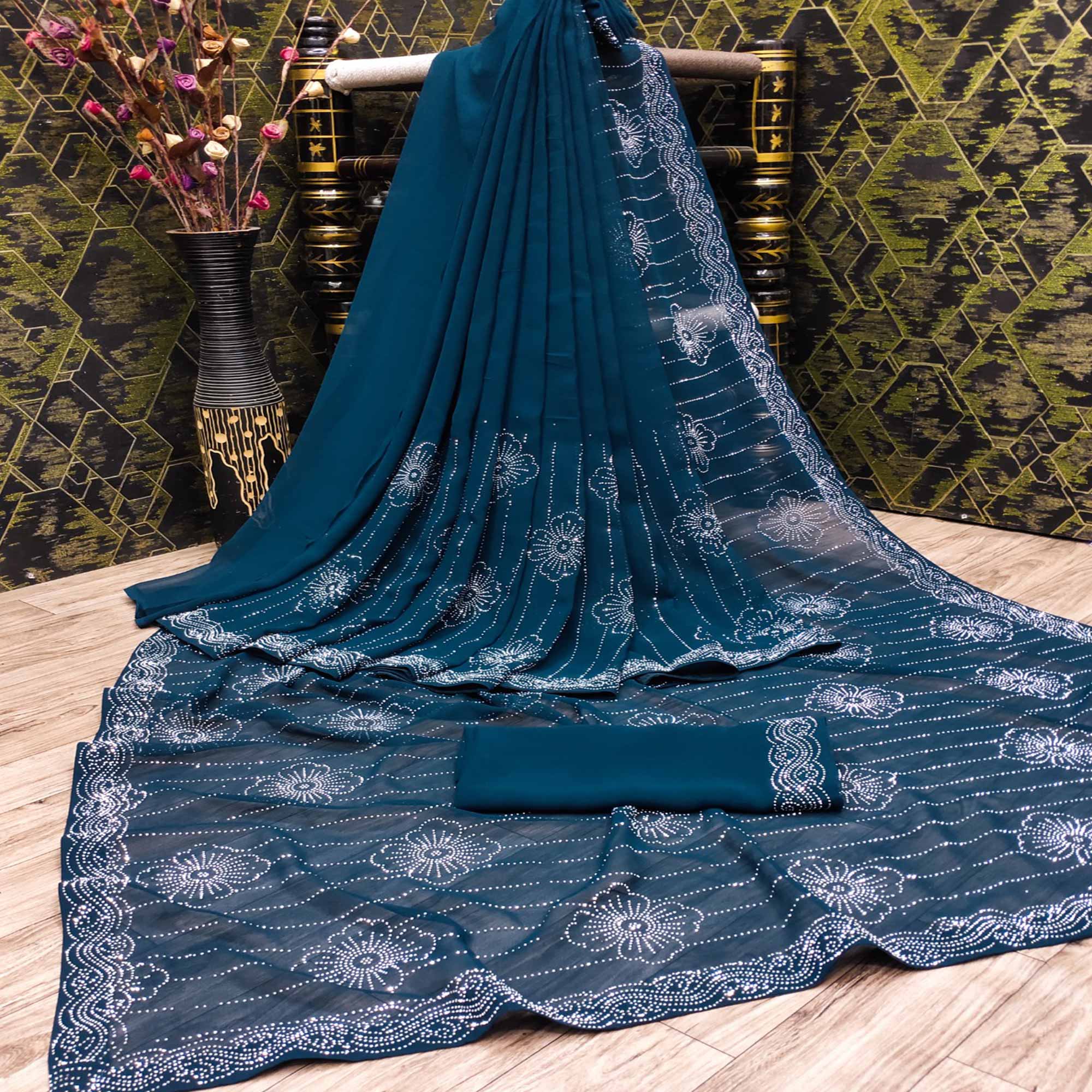 Teal Floral Swarovski Work Georgette Saree