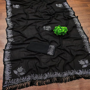 Black Floral Swarovski Work Georgette Saree With Tassels
