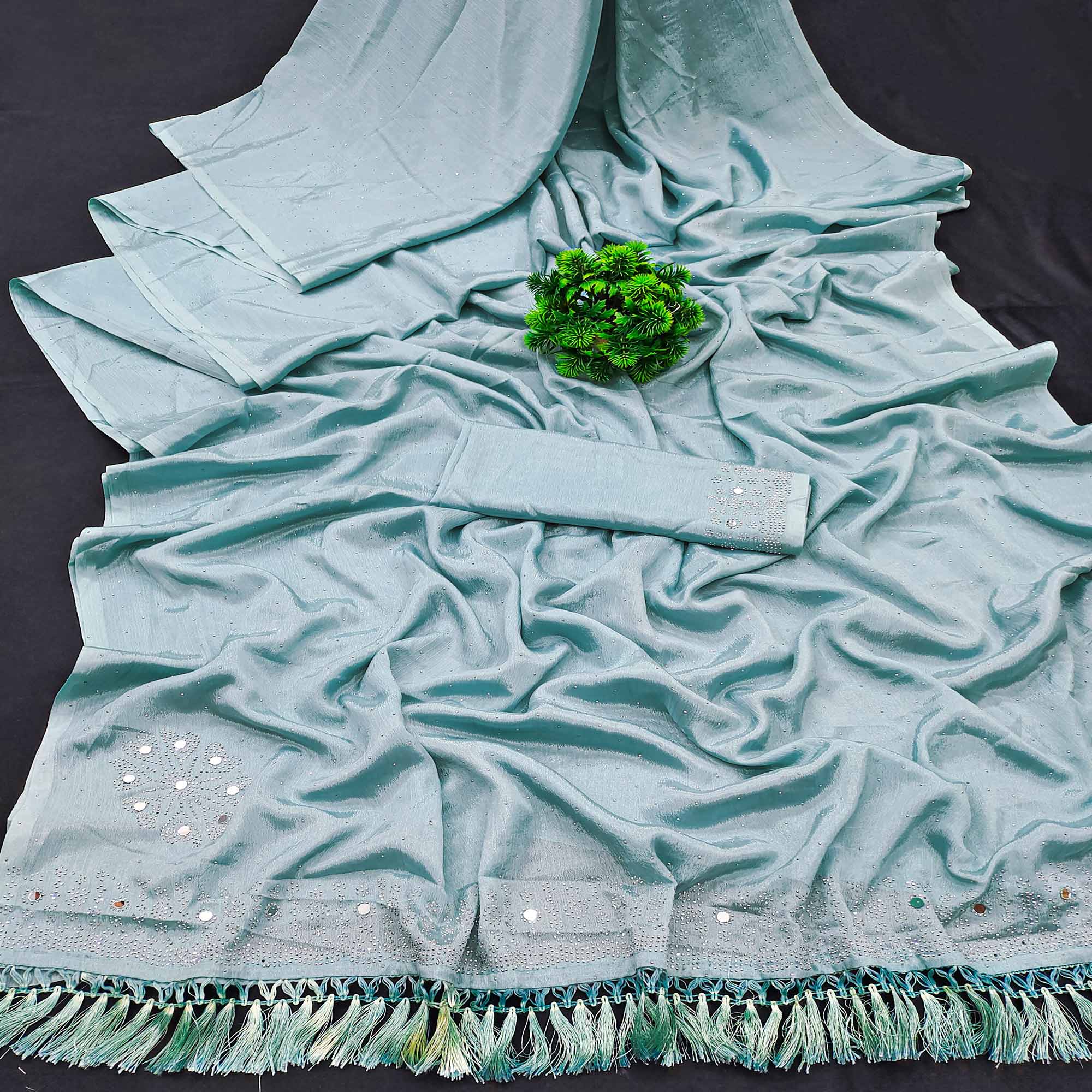 Blue Mirror With Swarovski Work Chinon Saree With Tassels