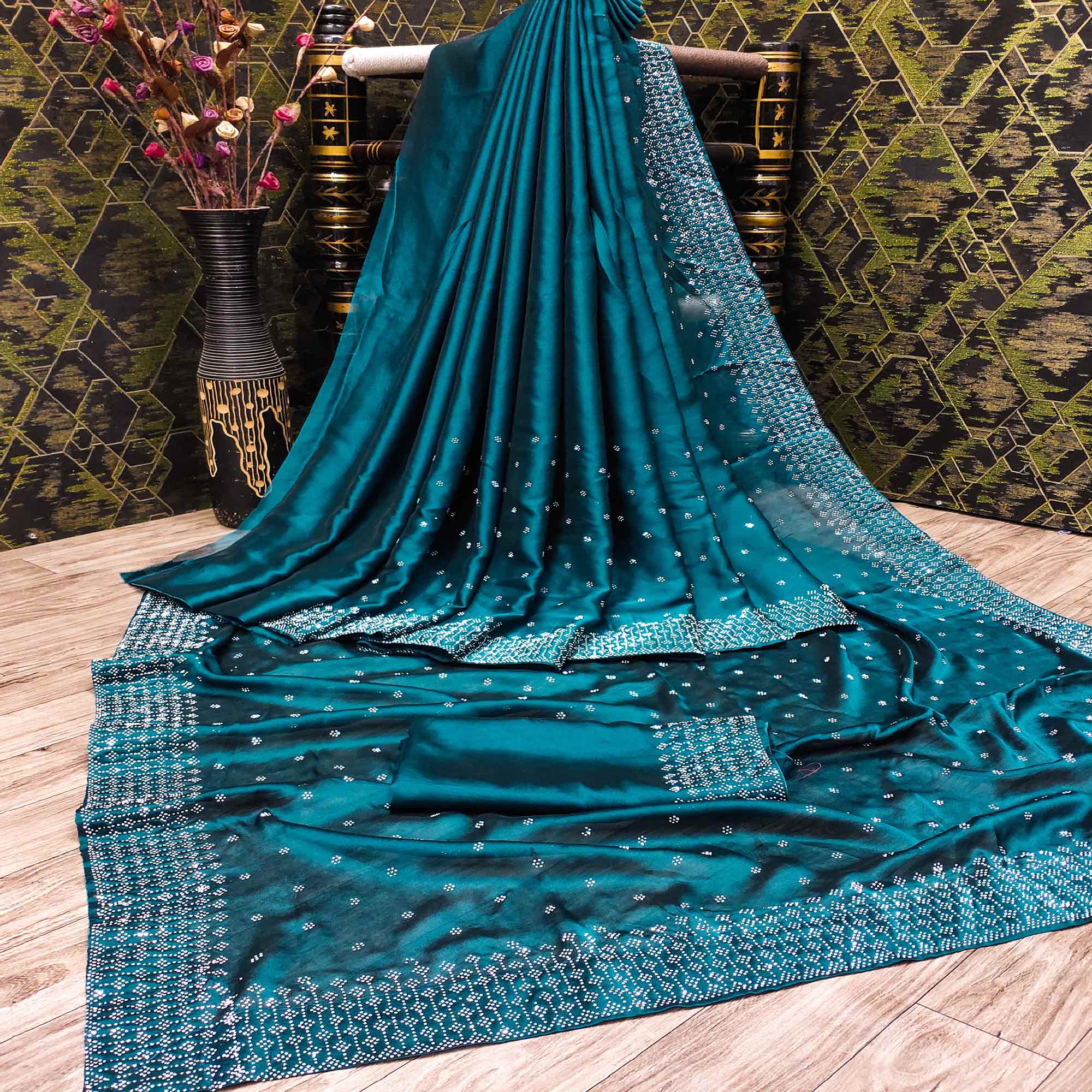 Teal Blue Floral Swarovski Work Georgette Saree