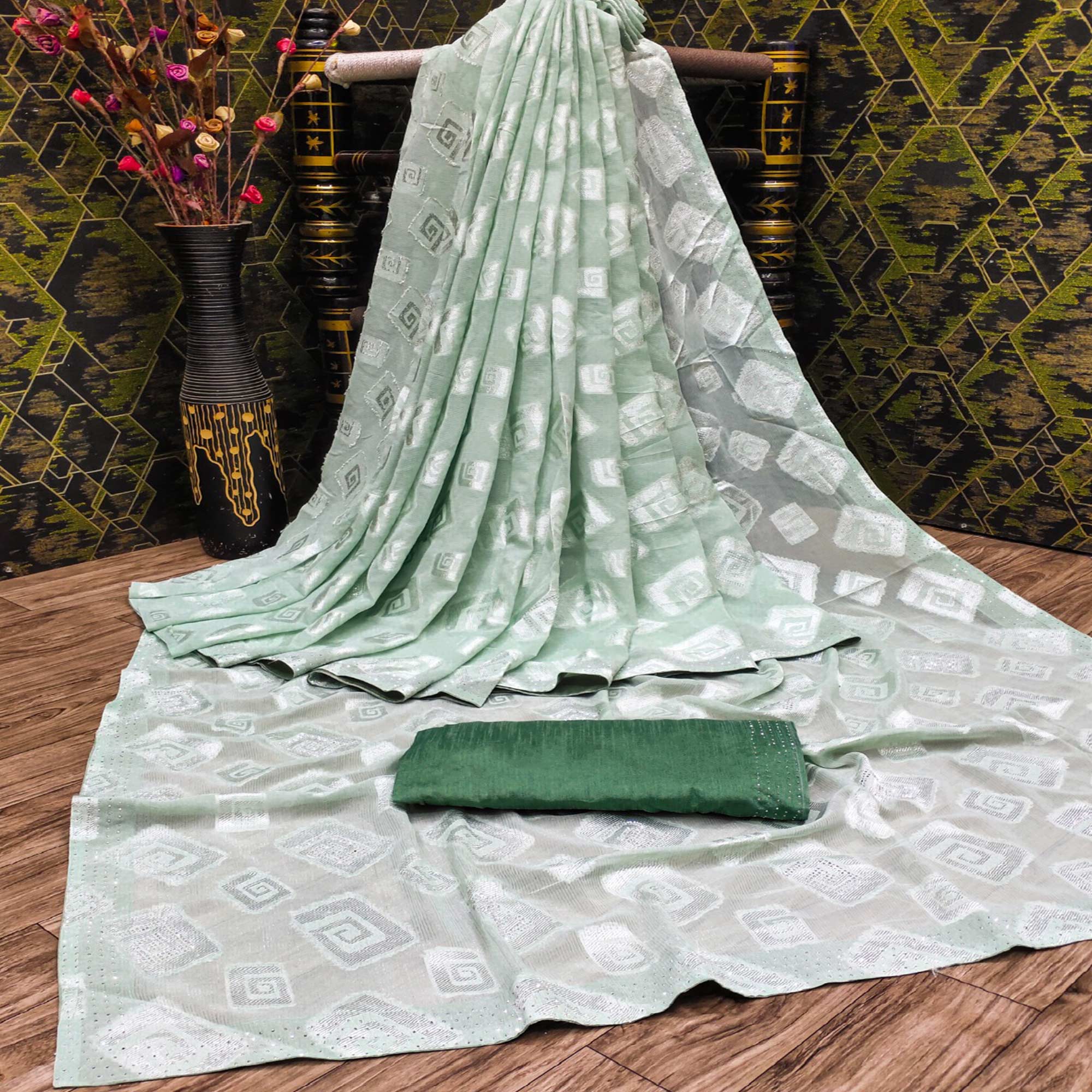 Mint Green Floral Swarovski With Woven Jacquard Saree