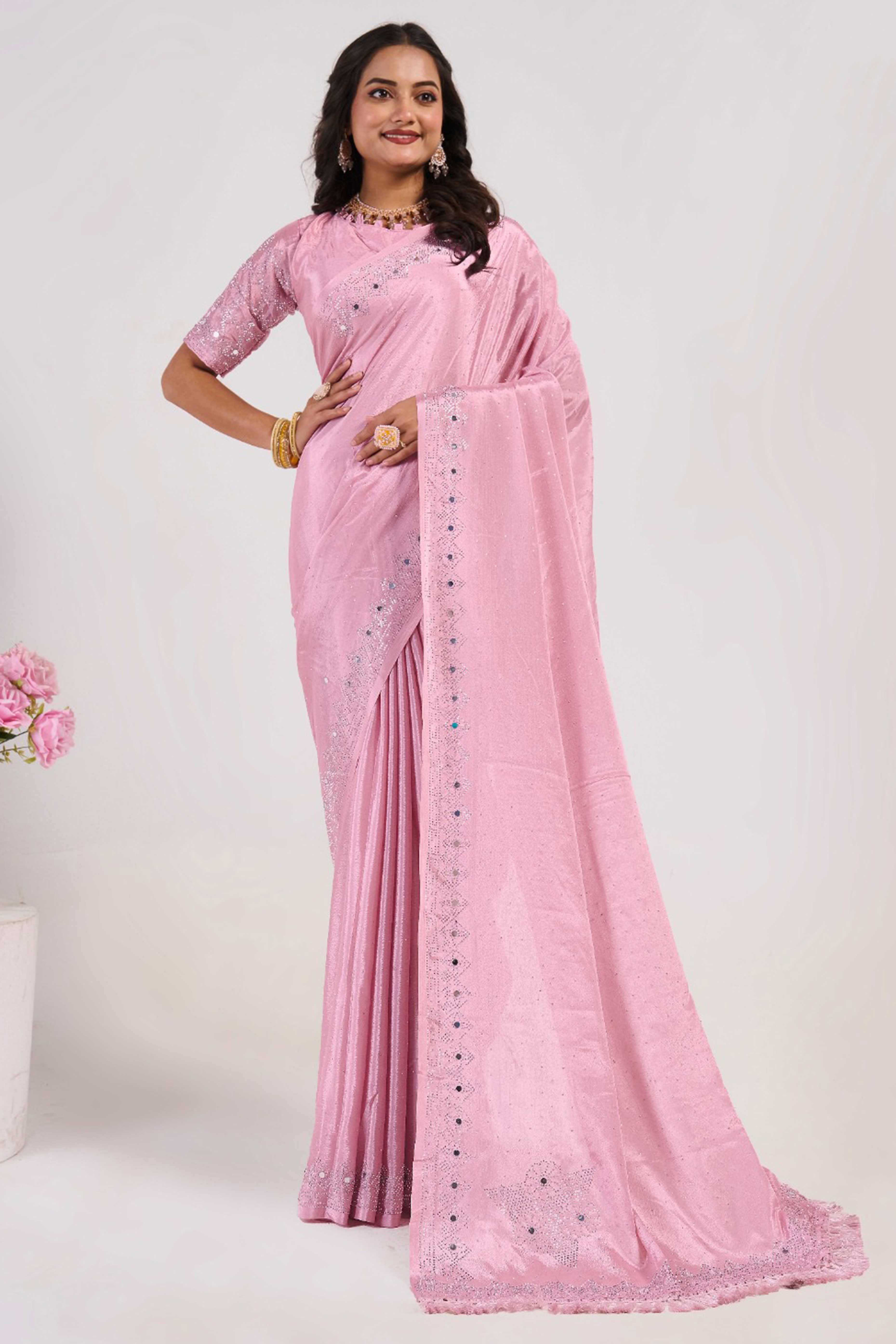 Pink Swarovski With Mirror Work Chinon Saree