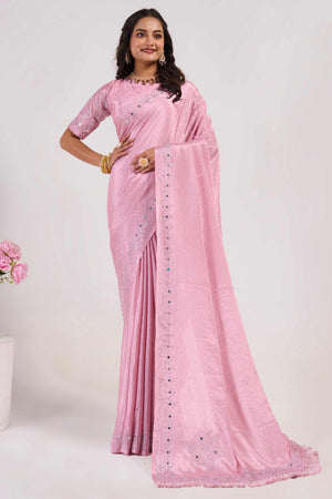 Pink Swarovski With Mirror Work Chinon Saree