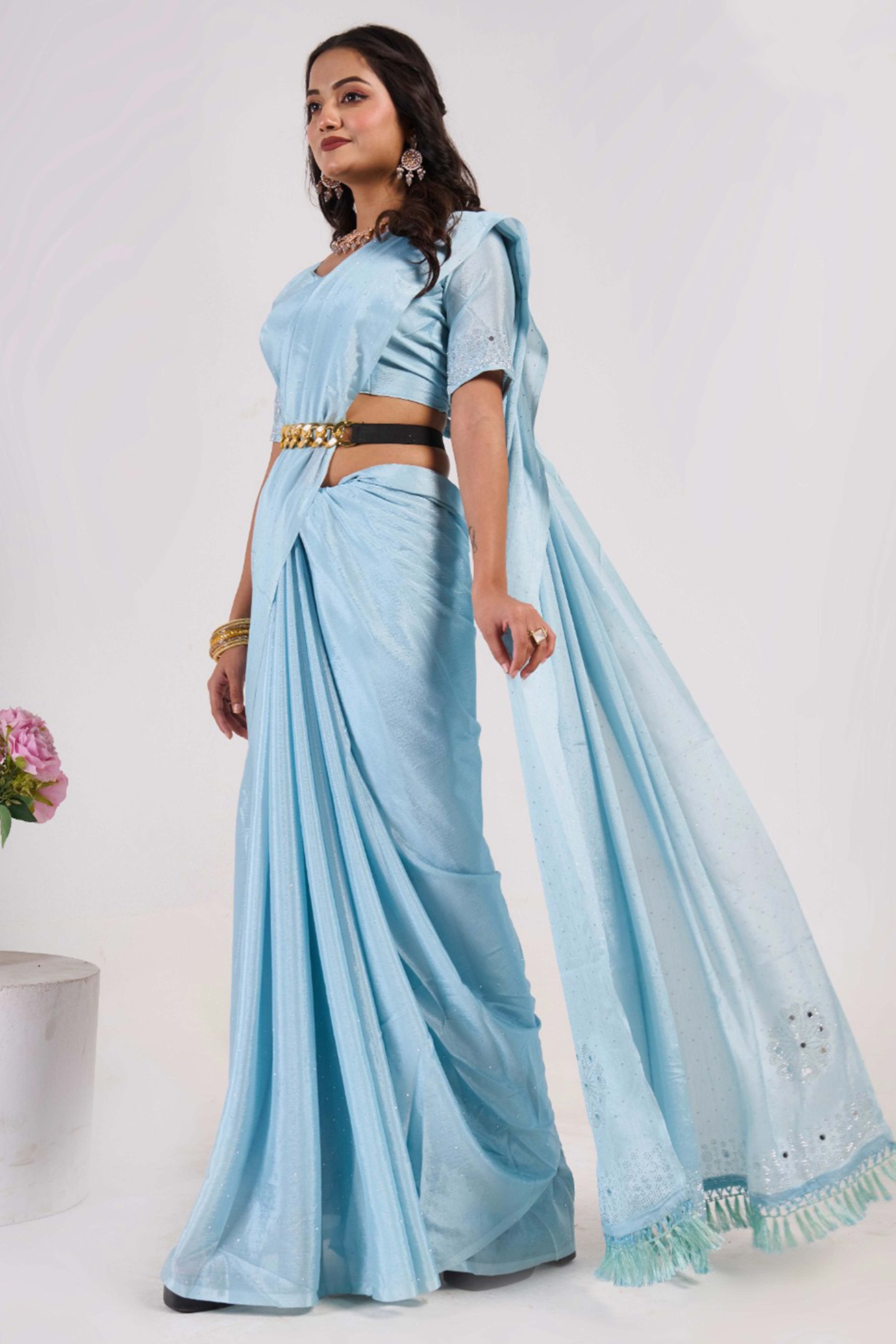 Blue Swarovski With Mirror Work Chinon Saree