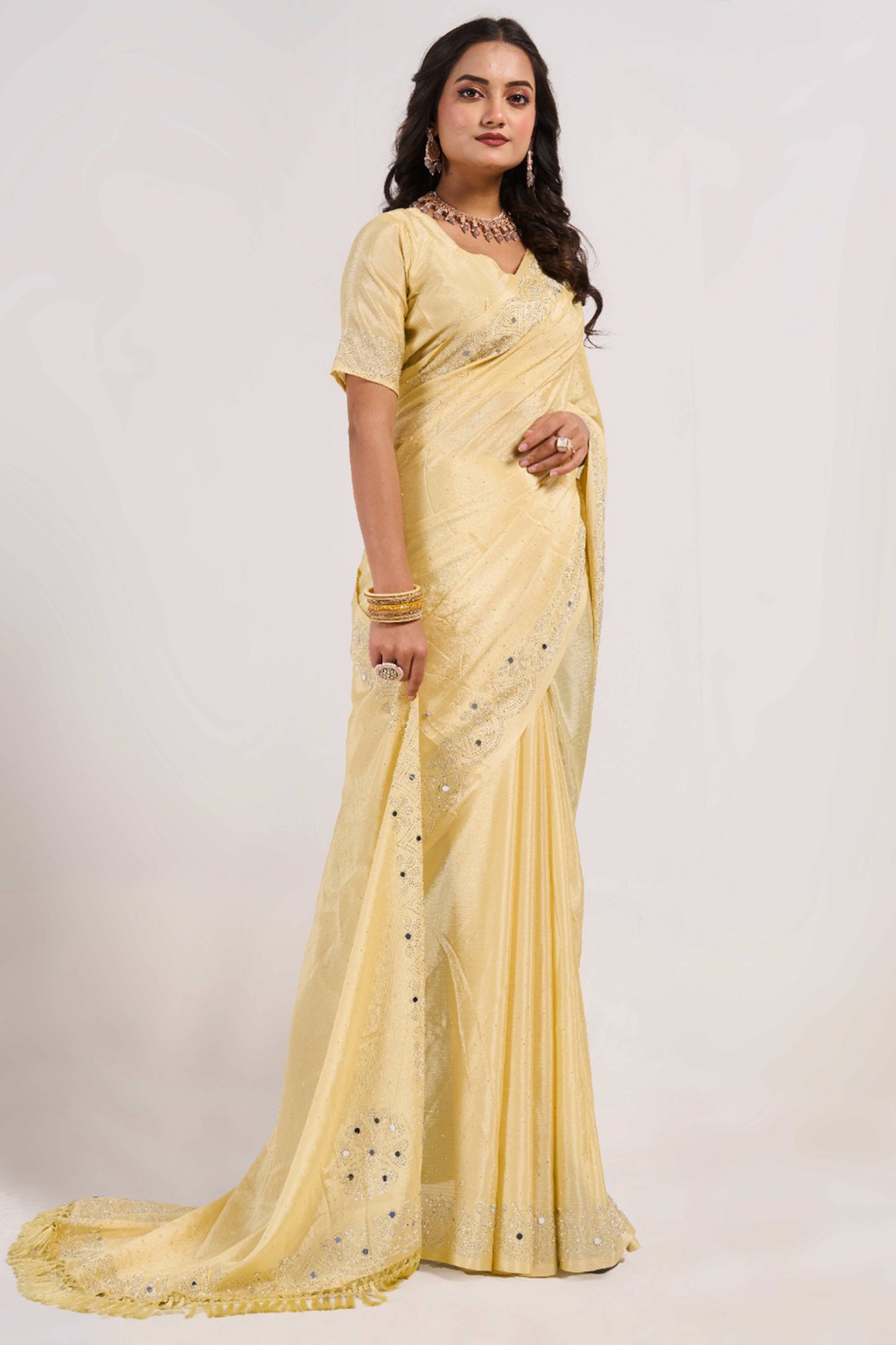 Light Yellow Swarovski With Mirror Work Chinon Saree