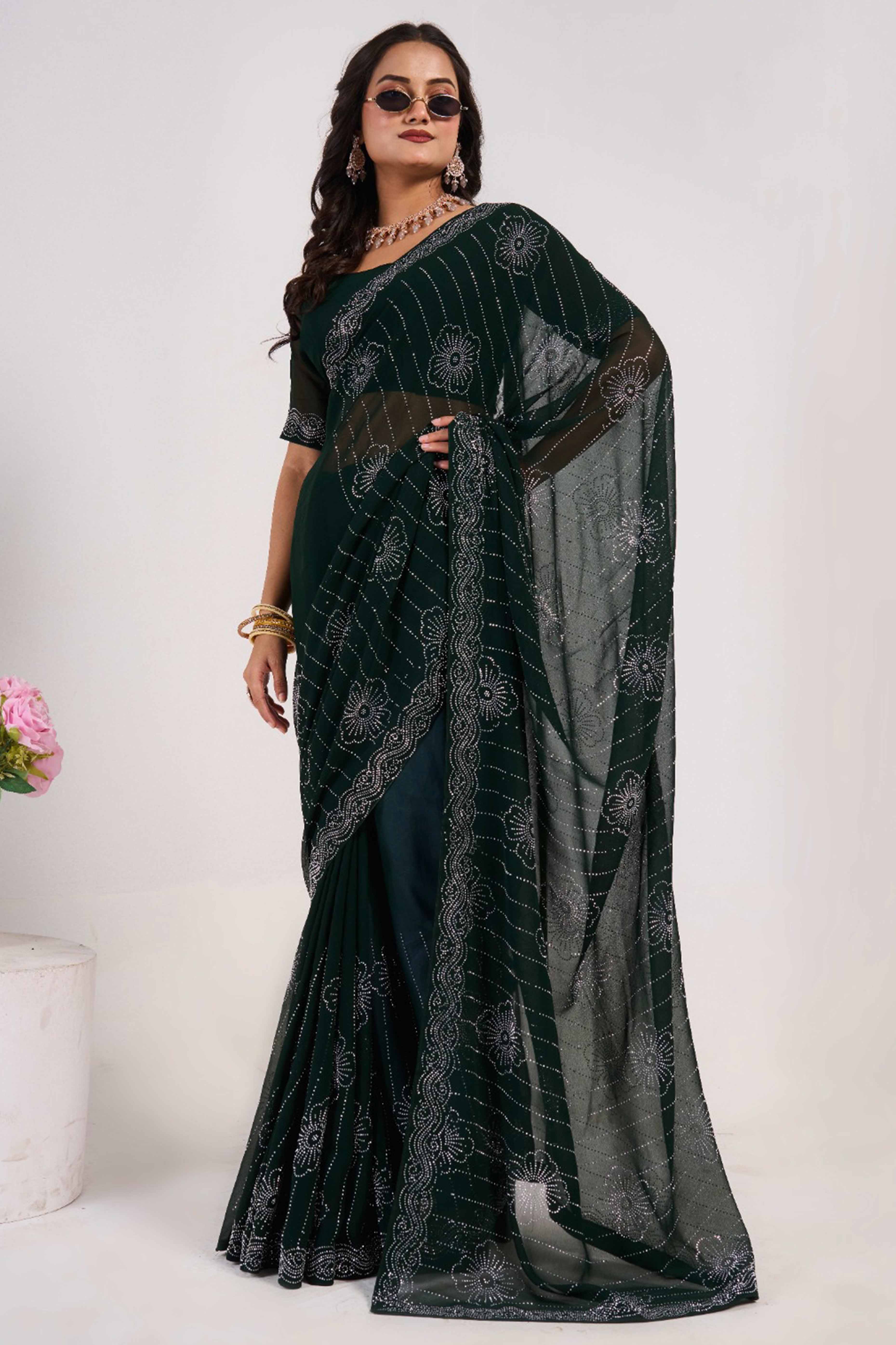 Dark Green Swarovski Work Georgette Saree