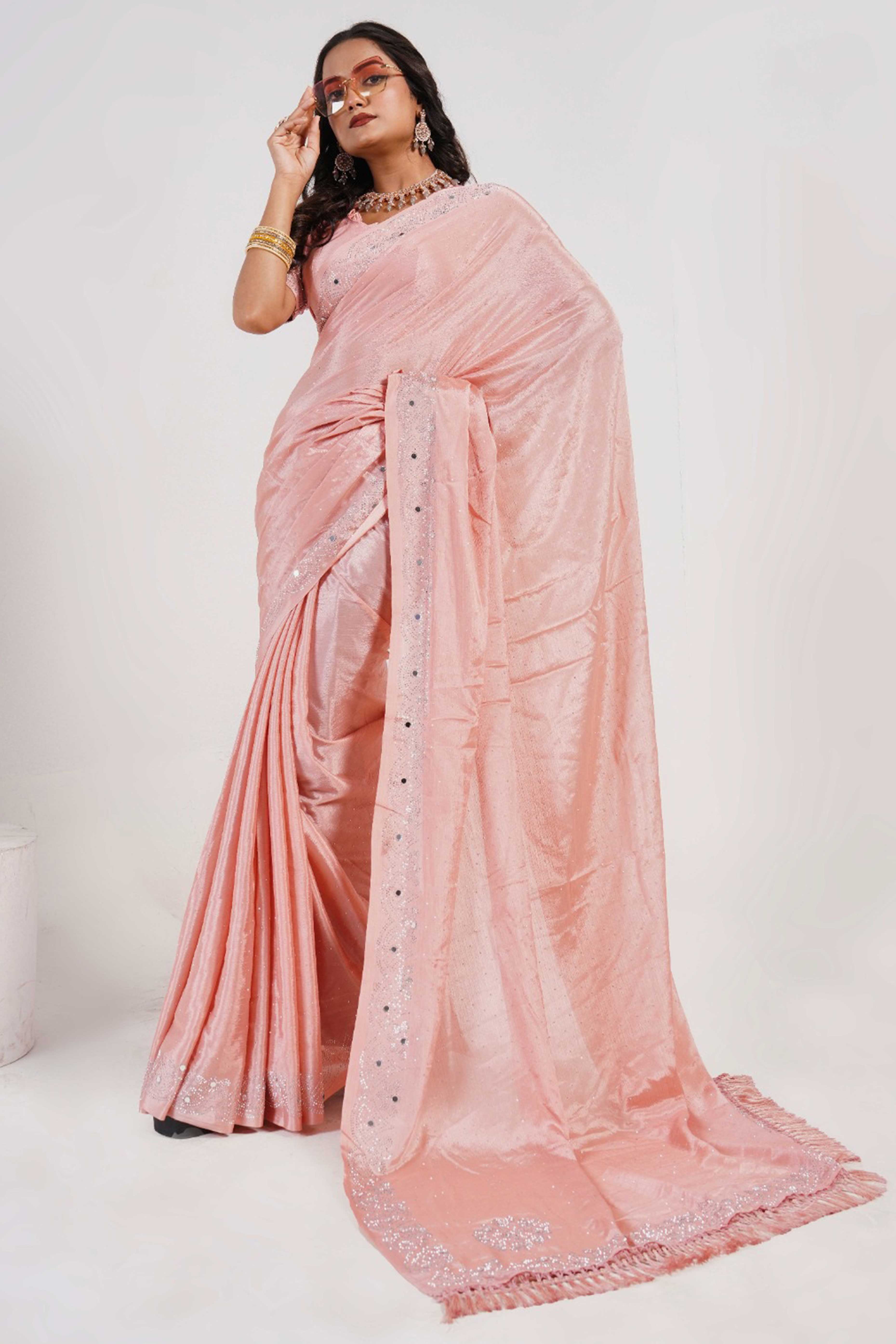 Peach Swarovski With Mirror Work Chinon Saree