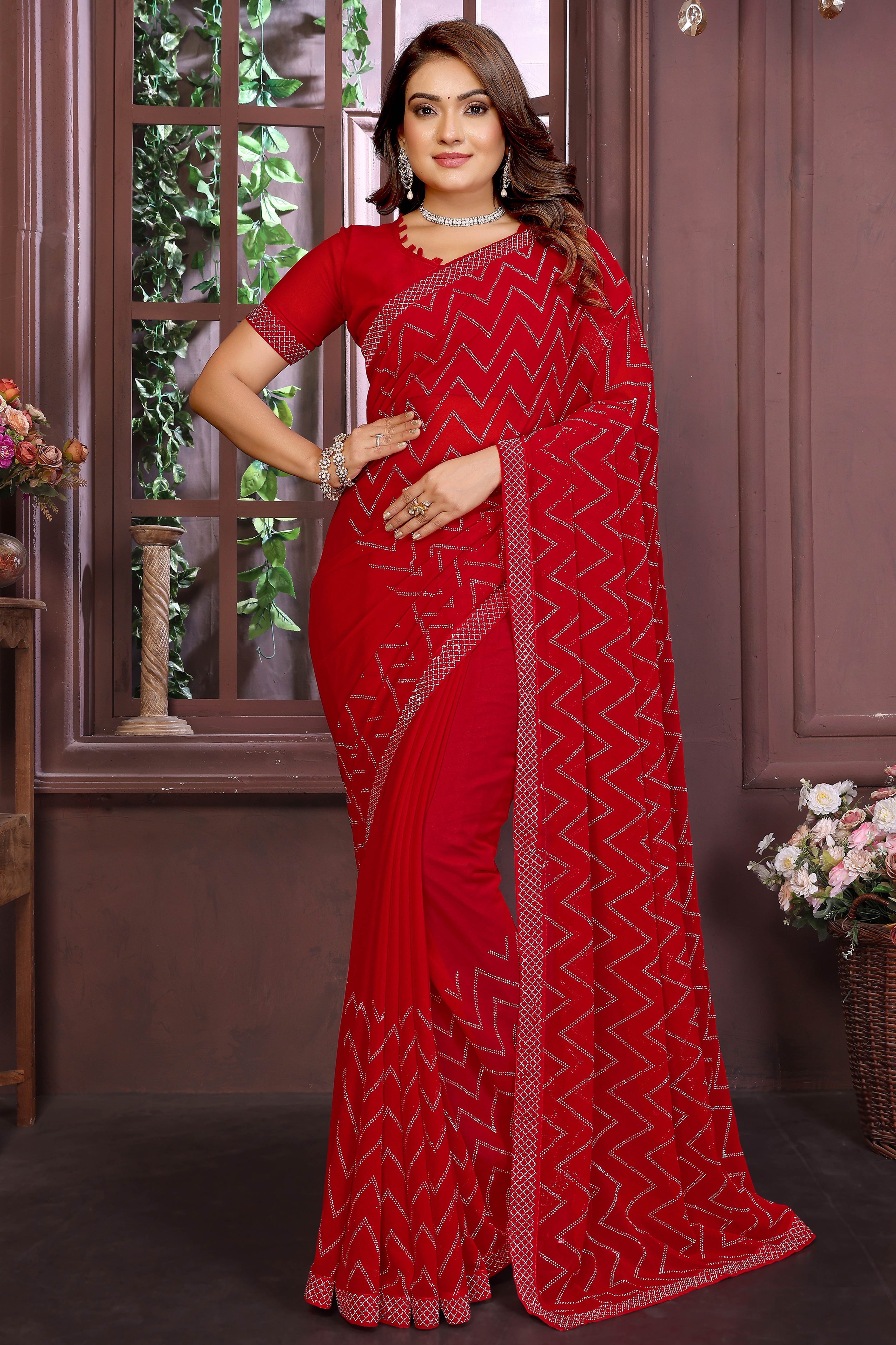 Glamorous Red Zig Zag Design Swarovski Crystal Work Georgette Saree