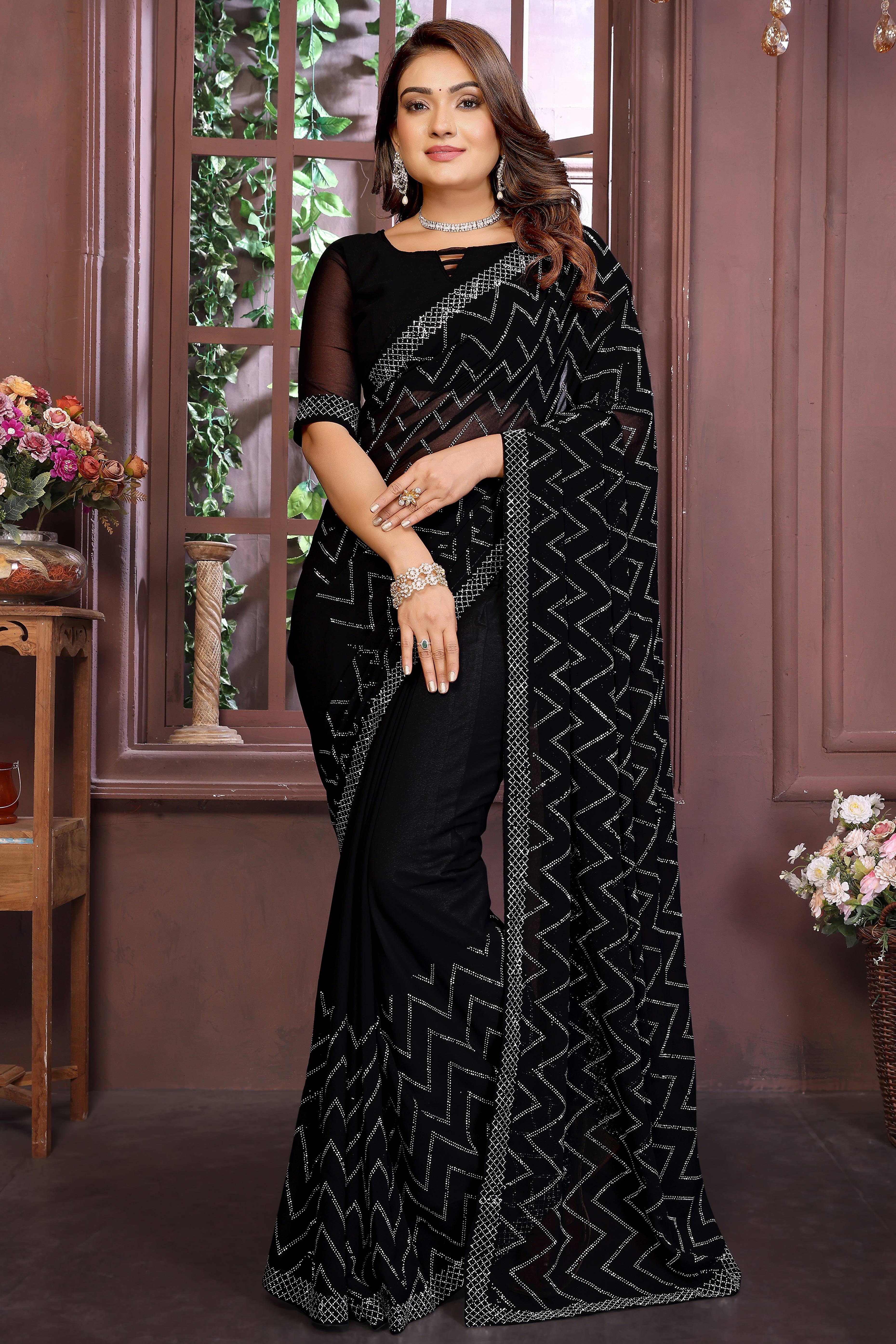 Glamorous Black Zig Zag Design Swarovski Crystal Work Georgette Saree