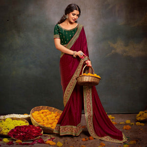Maroon Swarovski Work Satin Saree With Tassels