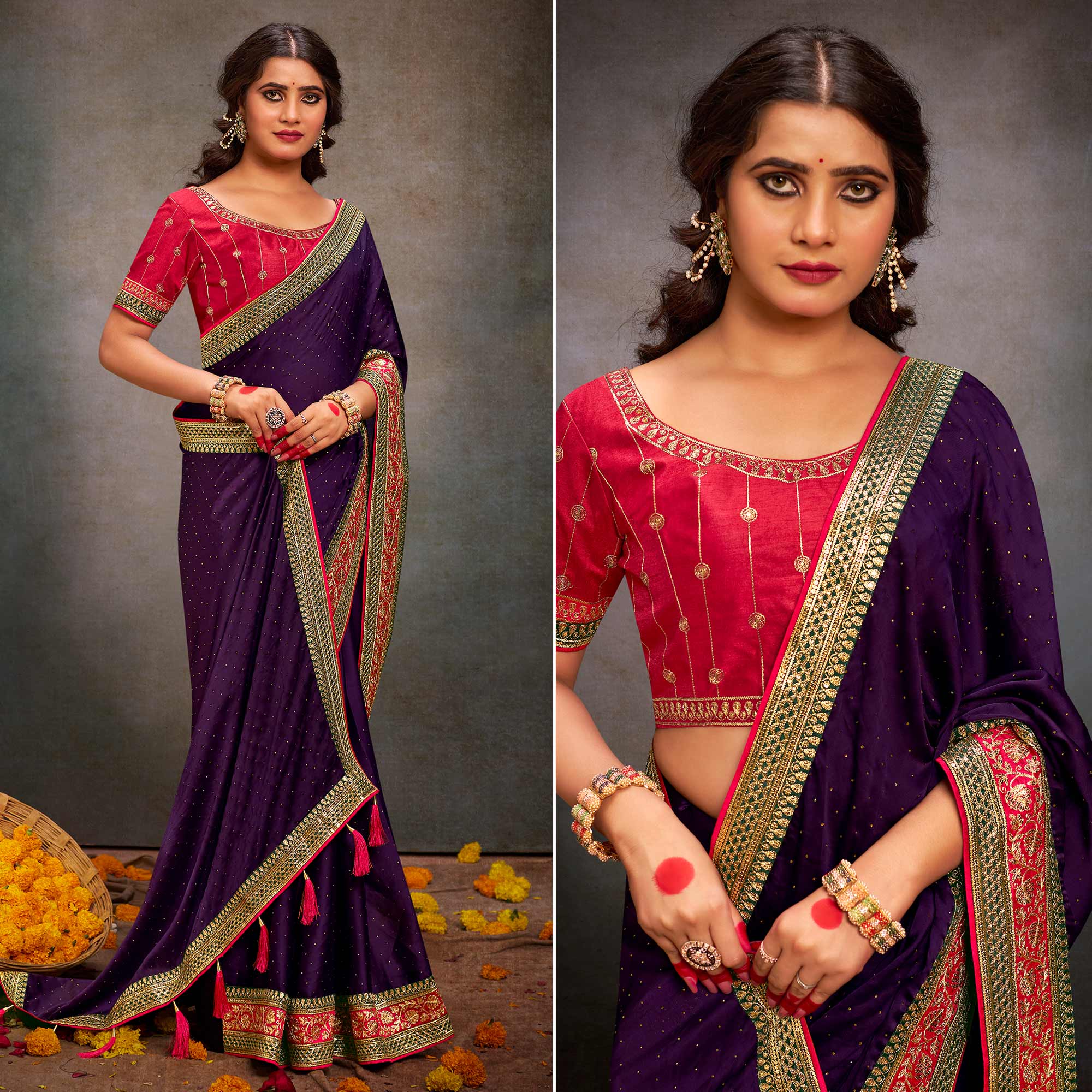 Purple Swarovski Work Satin Saree With Tassels