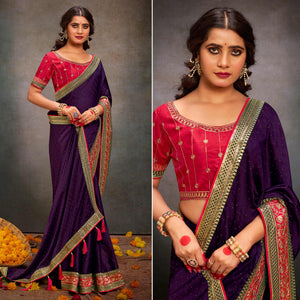 Purple Swarovski Work Satin Saree With Tassels