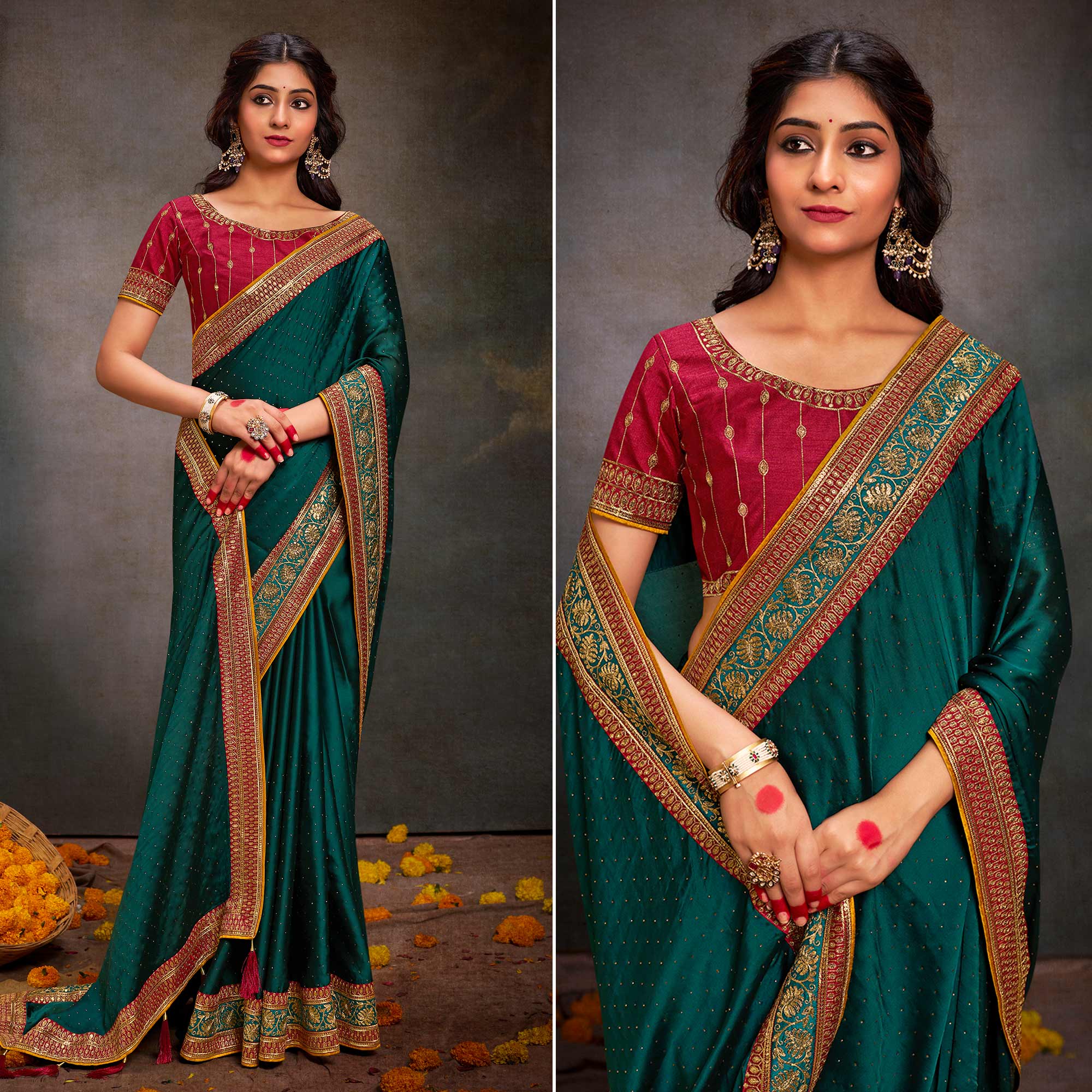 Dark Rama Green Swarovski Work Satin Saree With Tassels