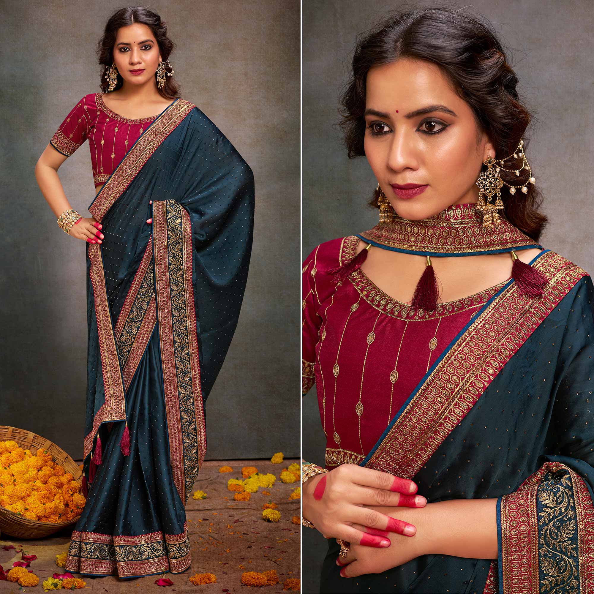 Teal Swarovski Work Satin Saree With Tassels