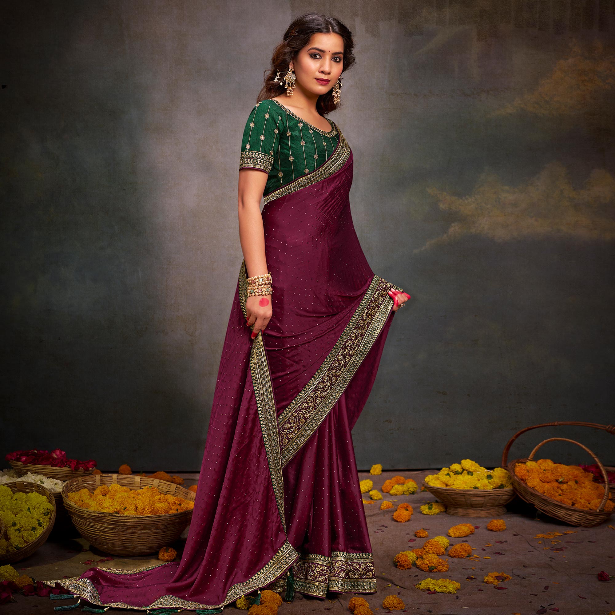 Wine Swarovski Work Satin Saree With Tassels