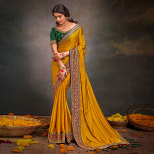 Mustard Swarovski Work Satin Saree With Tassels