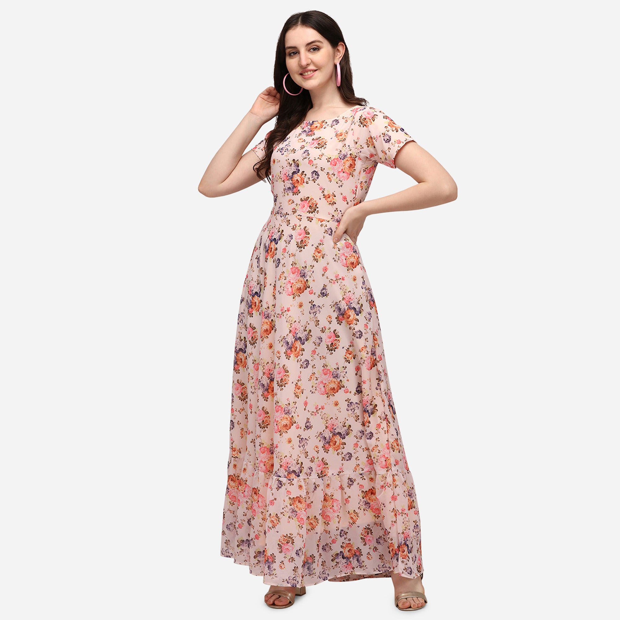 Cream Floral Printed Georgette Dress