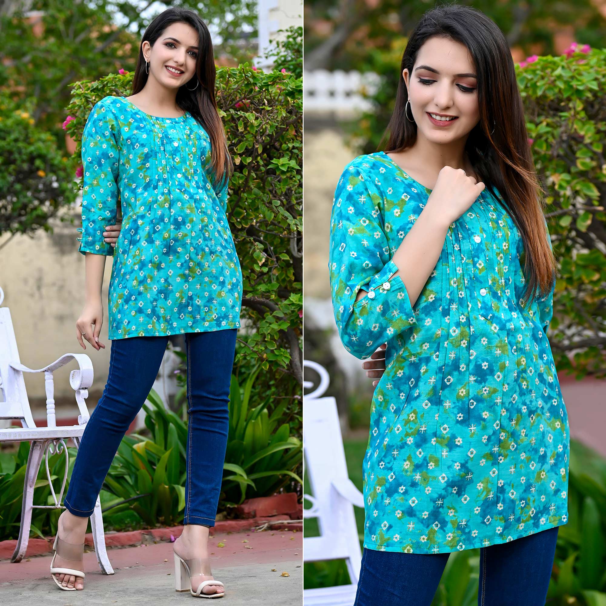Turquoise Printed Chanderi Top