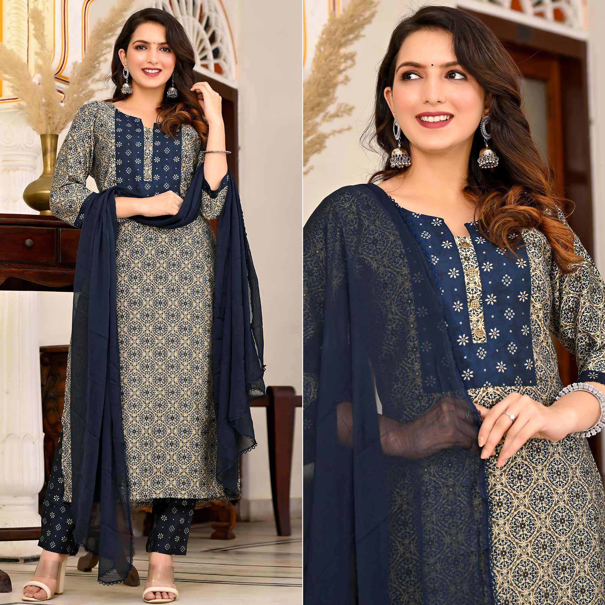 Blue Printed Chanderi Suit