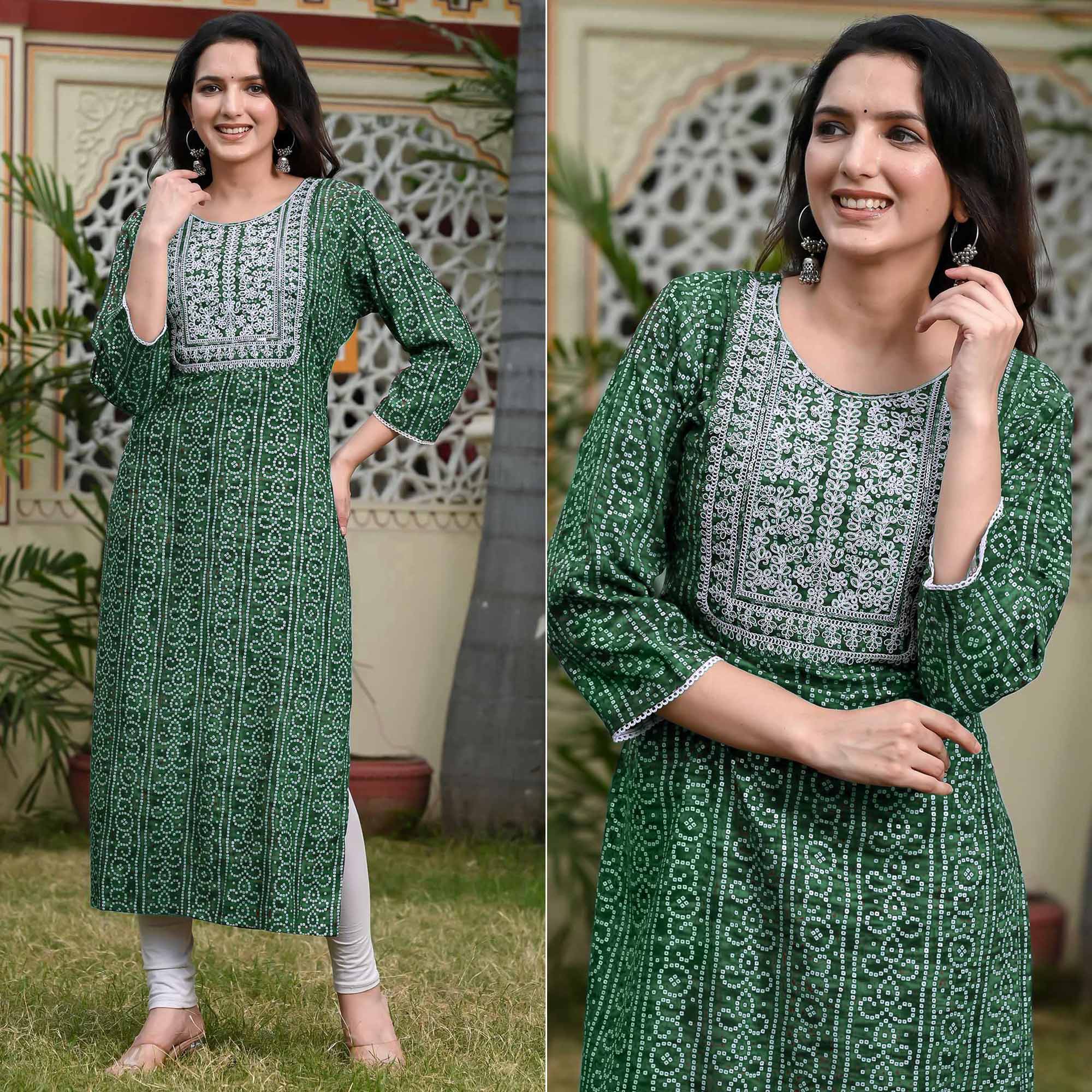 Green Foil Bandhani Printed With Embroidered Rayon Kurti