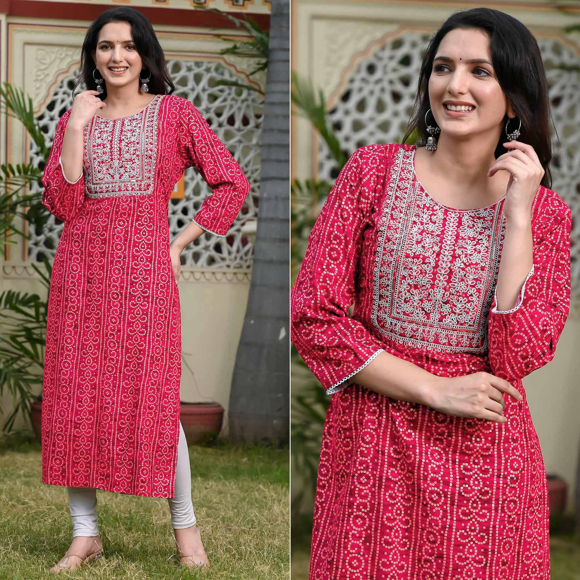 Red Foil Bandhani Printed With Embroidered Rayon Kurti