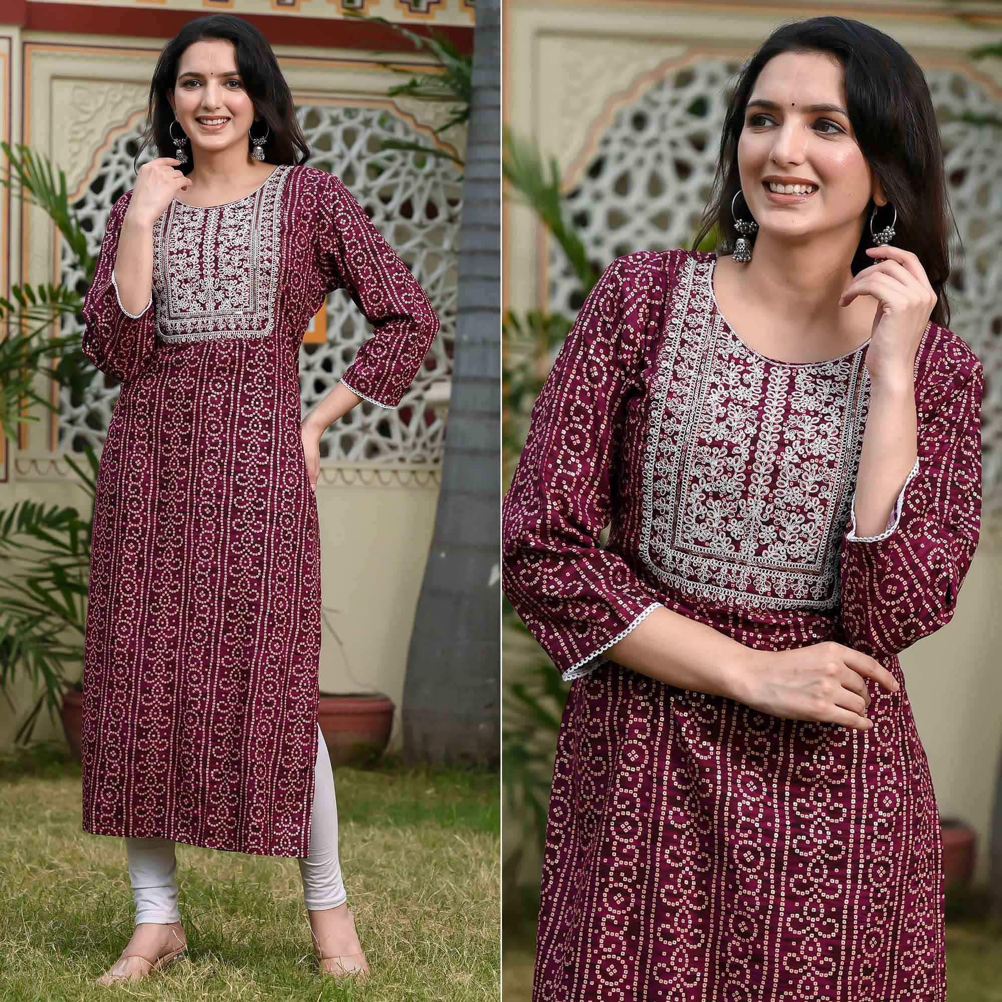 Wine Foil Bandhani Printed With Embroidered Rayon Kurti