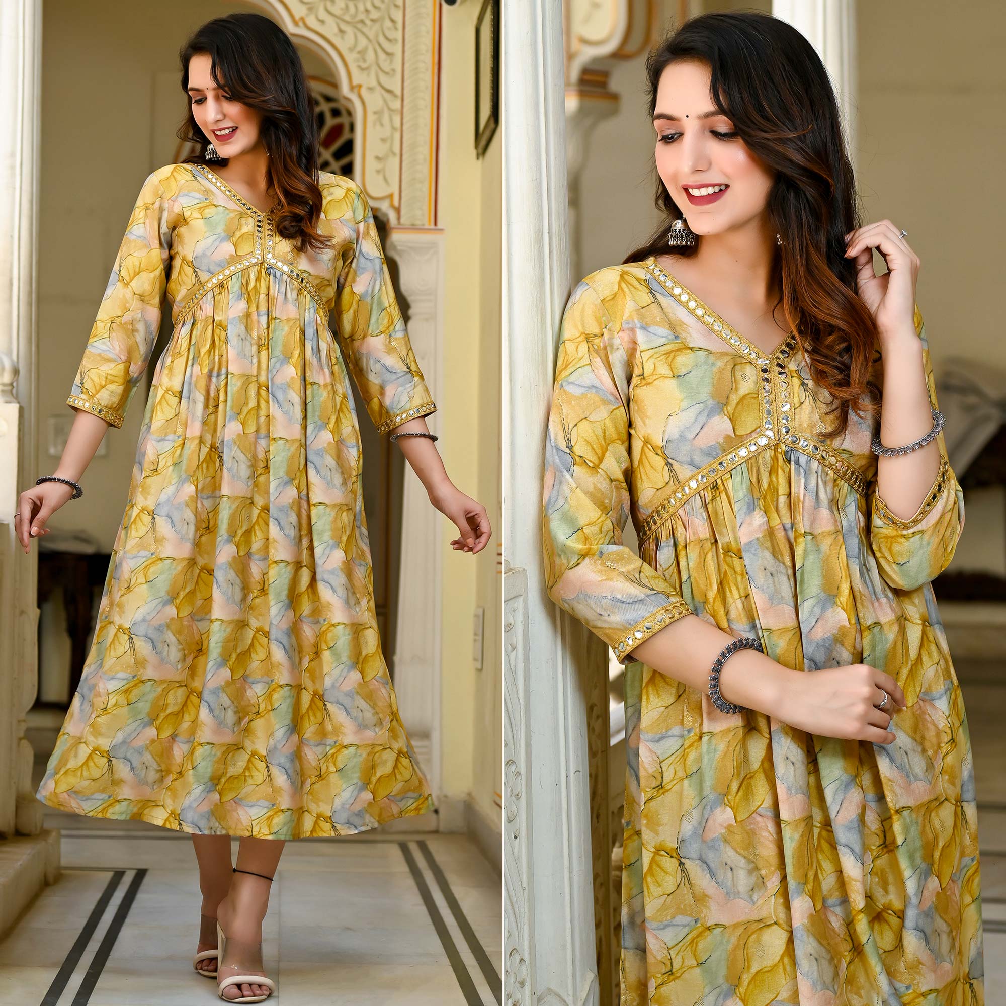 Yellow Printed Chanderi Alia Cut Kurti