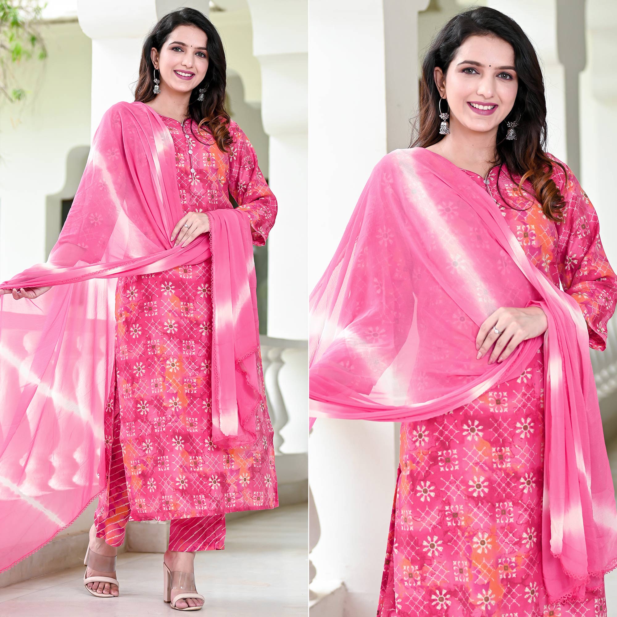 Pink Floral Printed Chanderi Suit