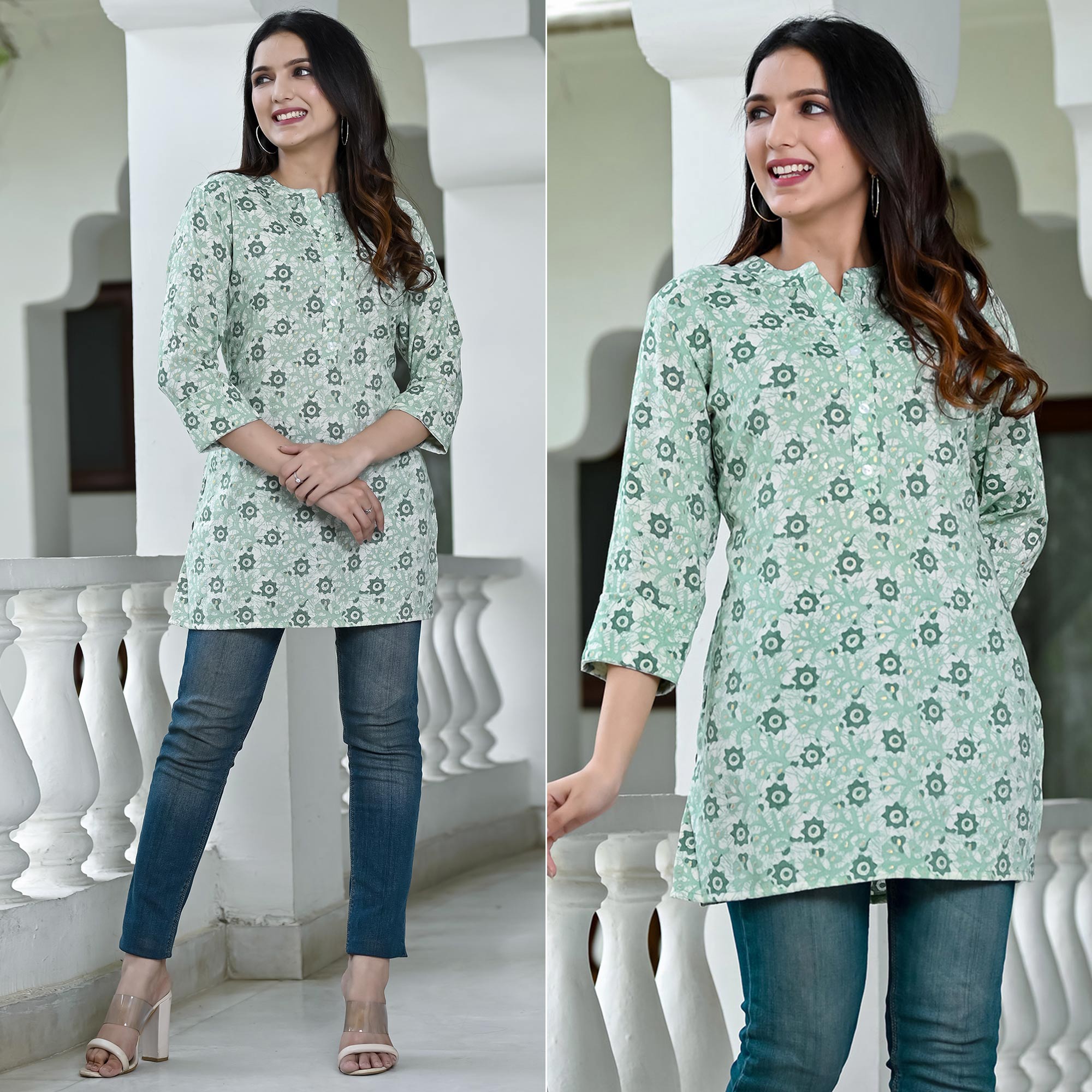 Green Floral Foil Printed Rayon Top