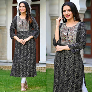 Black Floral Foil Printed Rayon Kurti