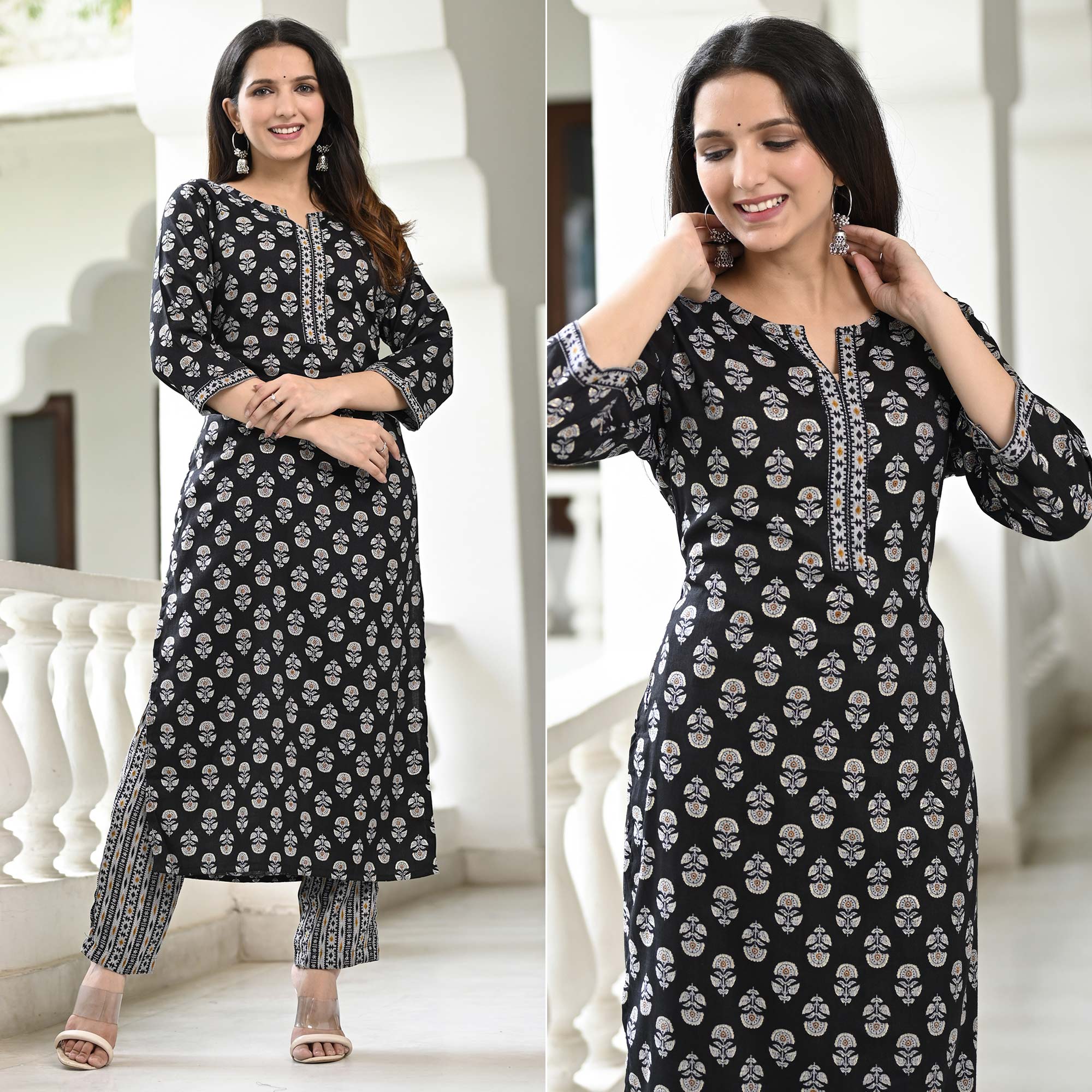 Black Floral Printed Rayon Kurti Pant Set