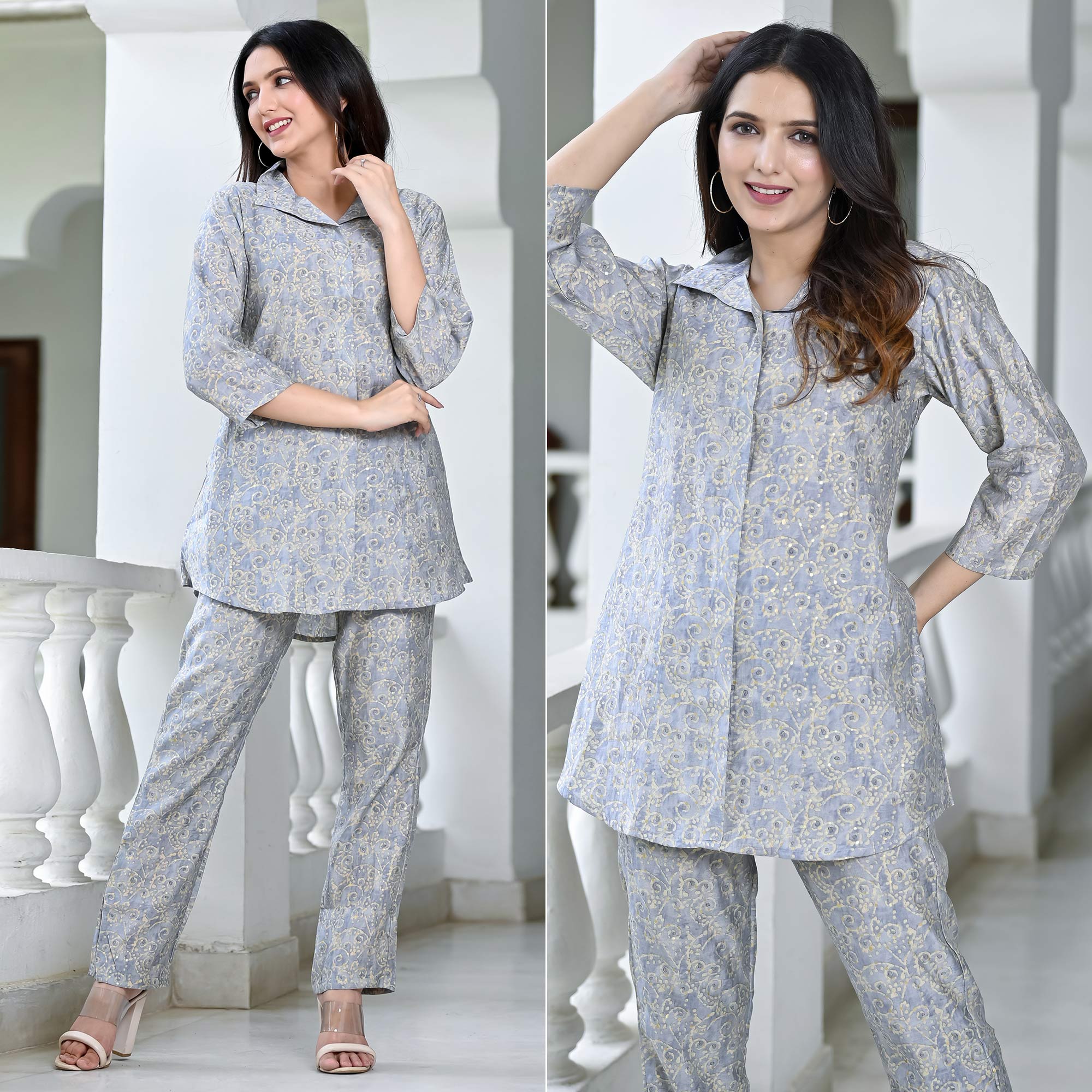 Grey Floral Printed Chanderi Co Ord Set