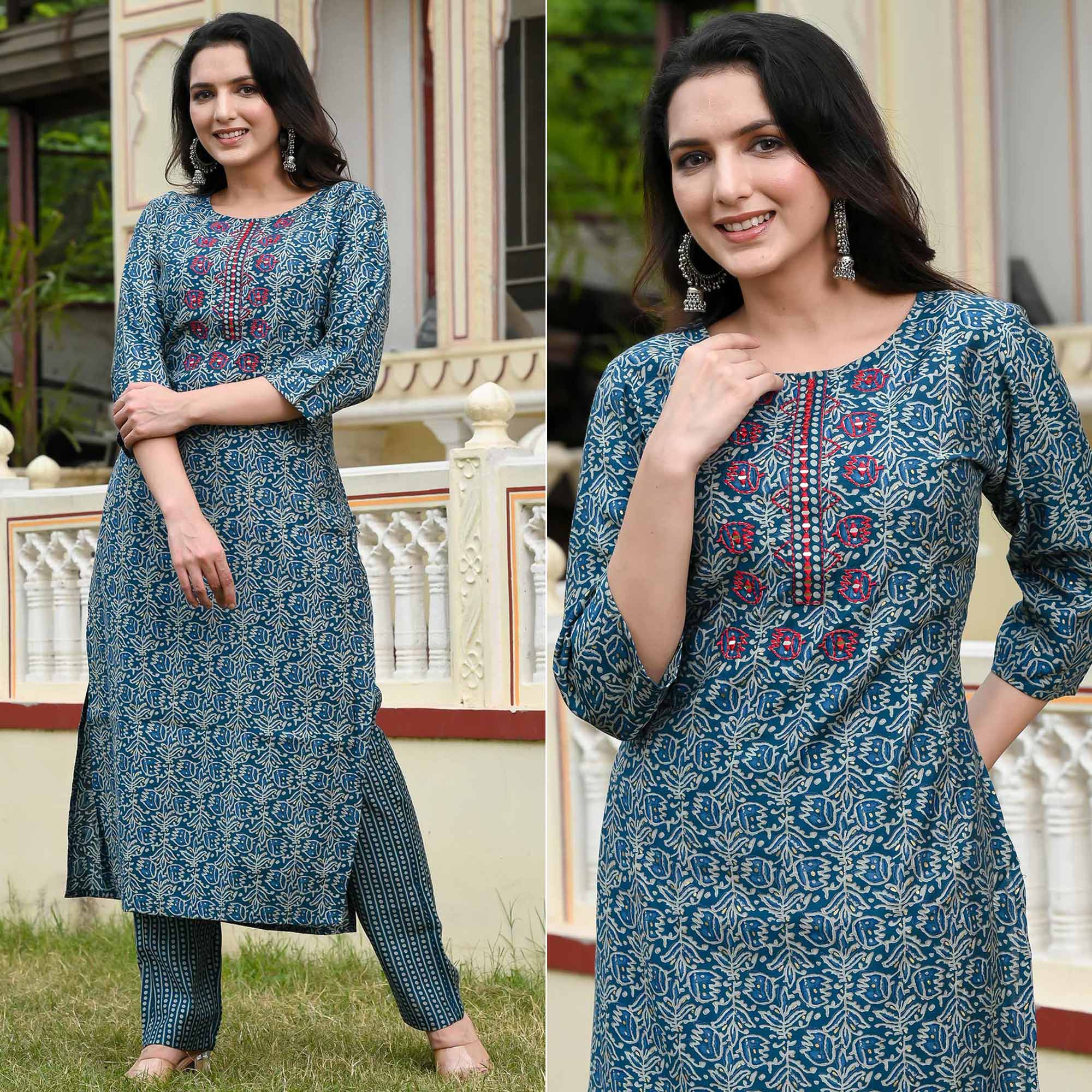 Blue Floral Printed Modal Kurti Pant Set