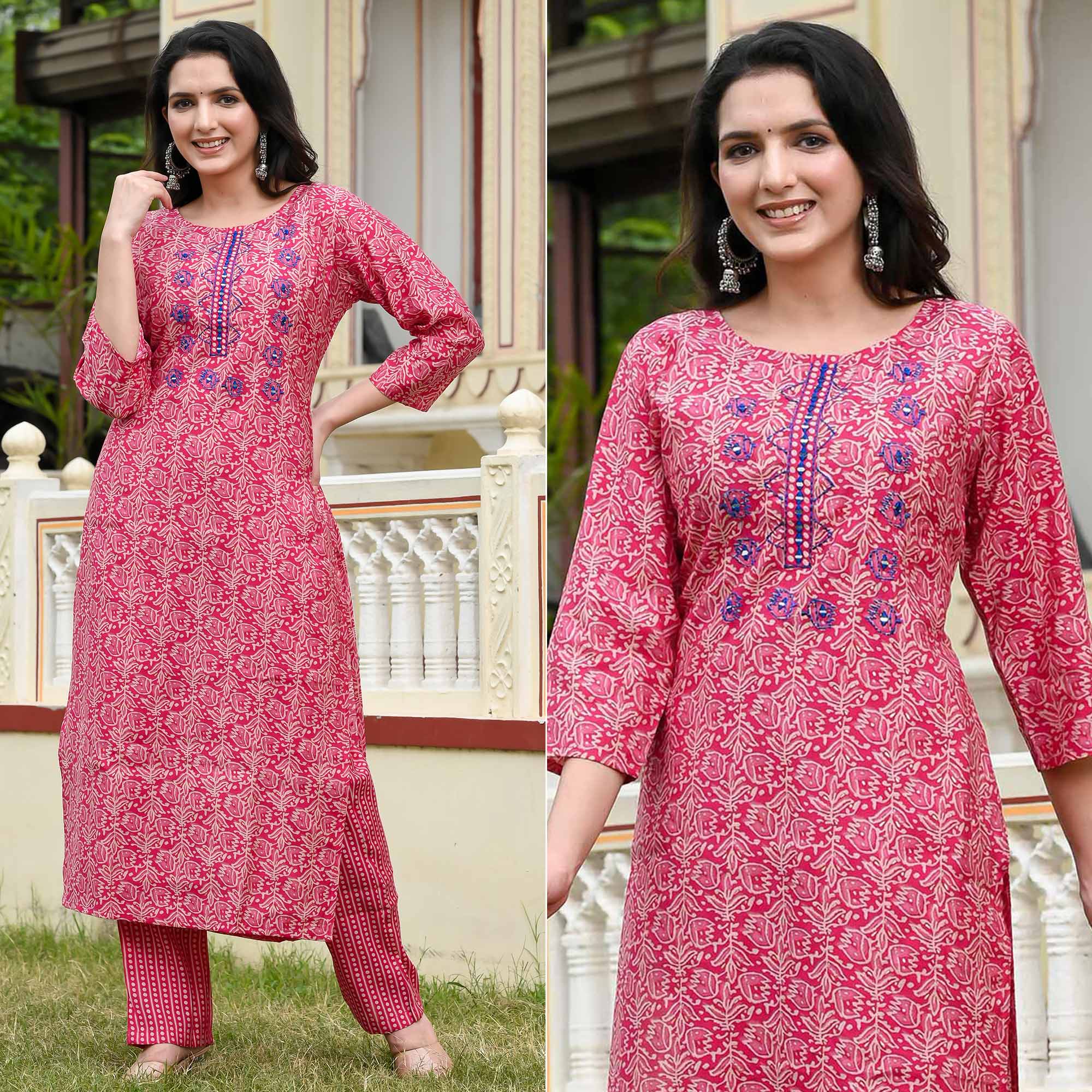 Pink Floral Printed Modal Kurti Pant Set