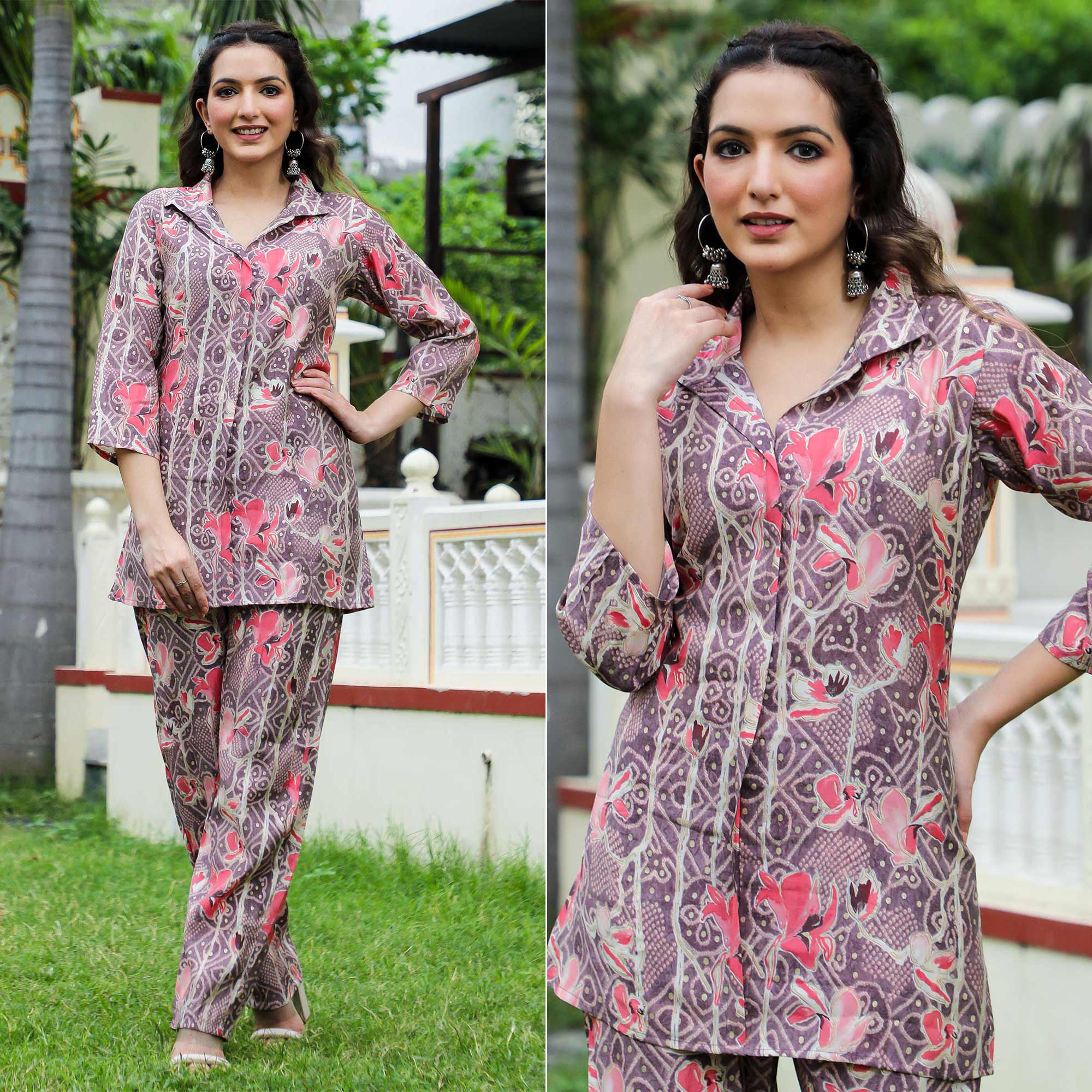 Brown Floral Foil Printed Chanderi Co Ord Set