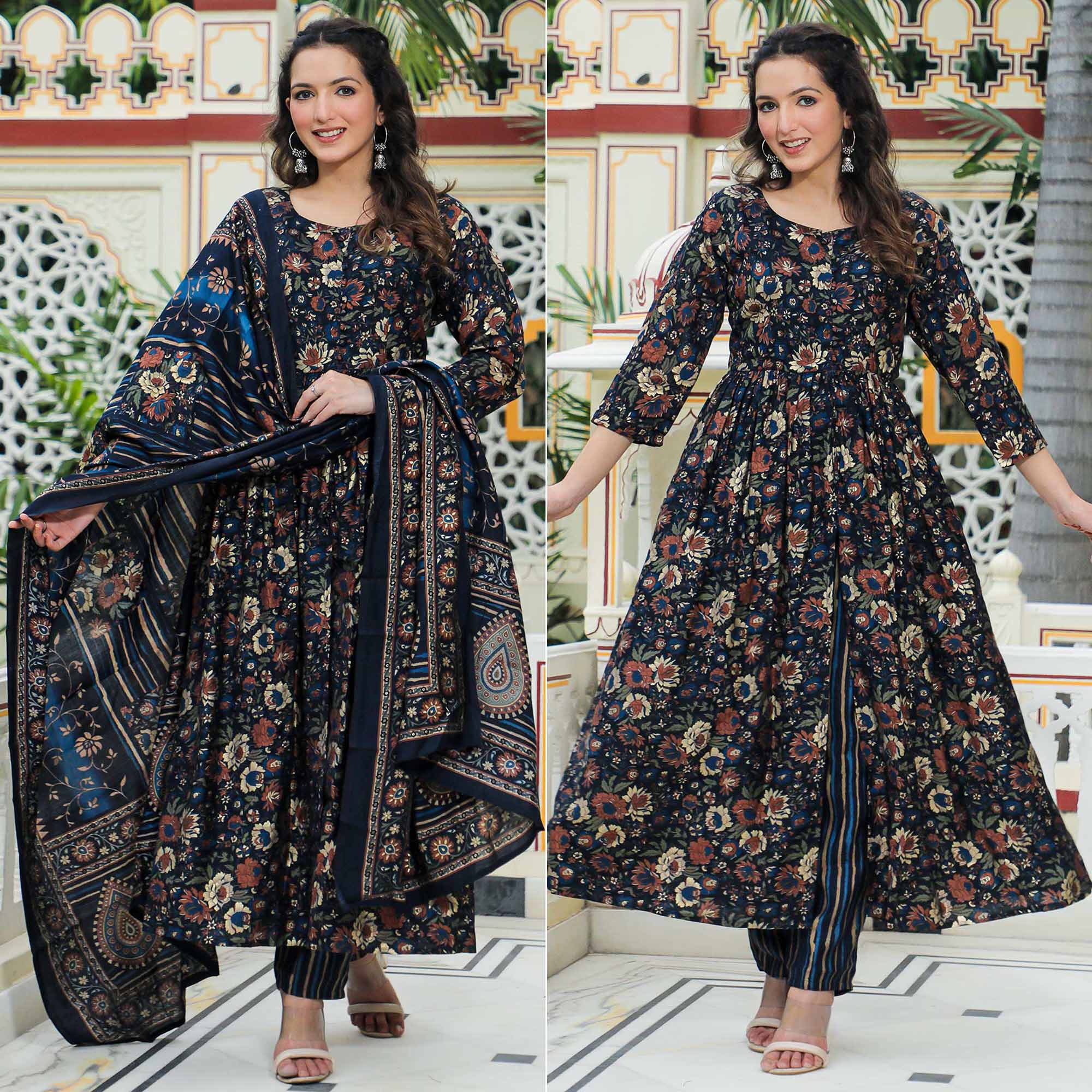 Blue Floral Foil Printed Chanderi Suit