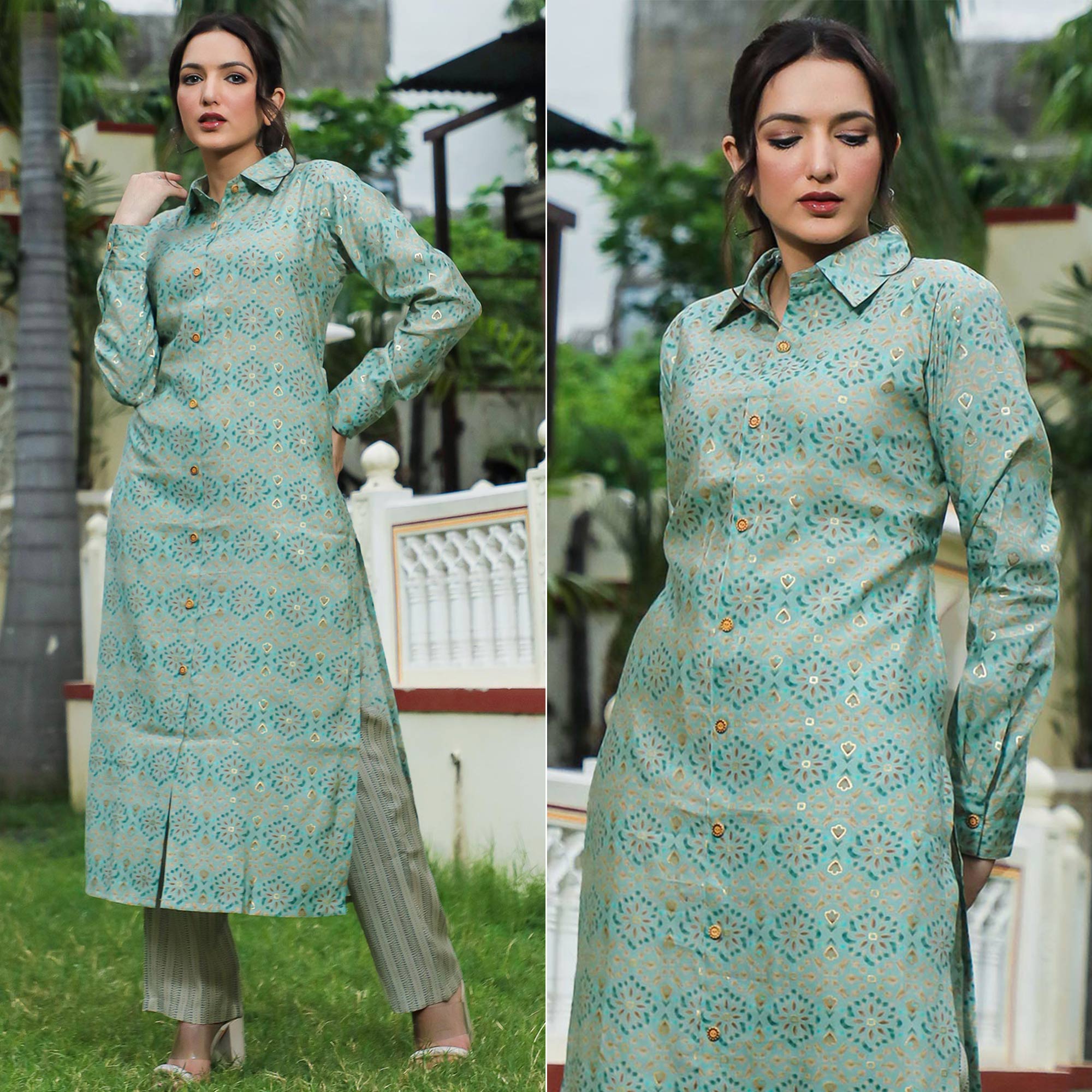 Green Foil Printed Chanderi Kurti Pant Set