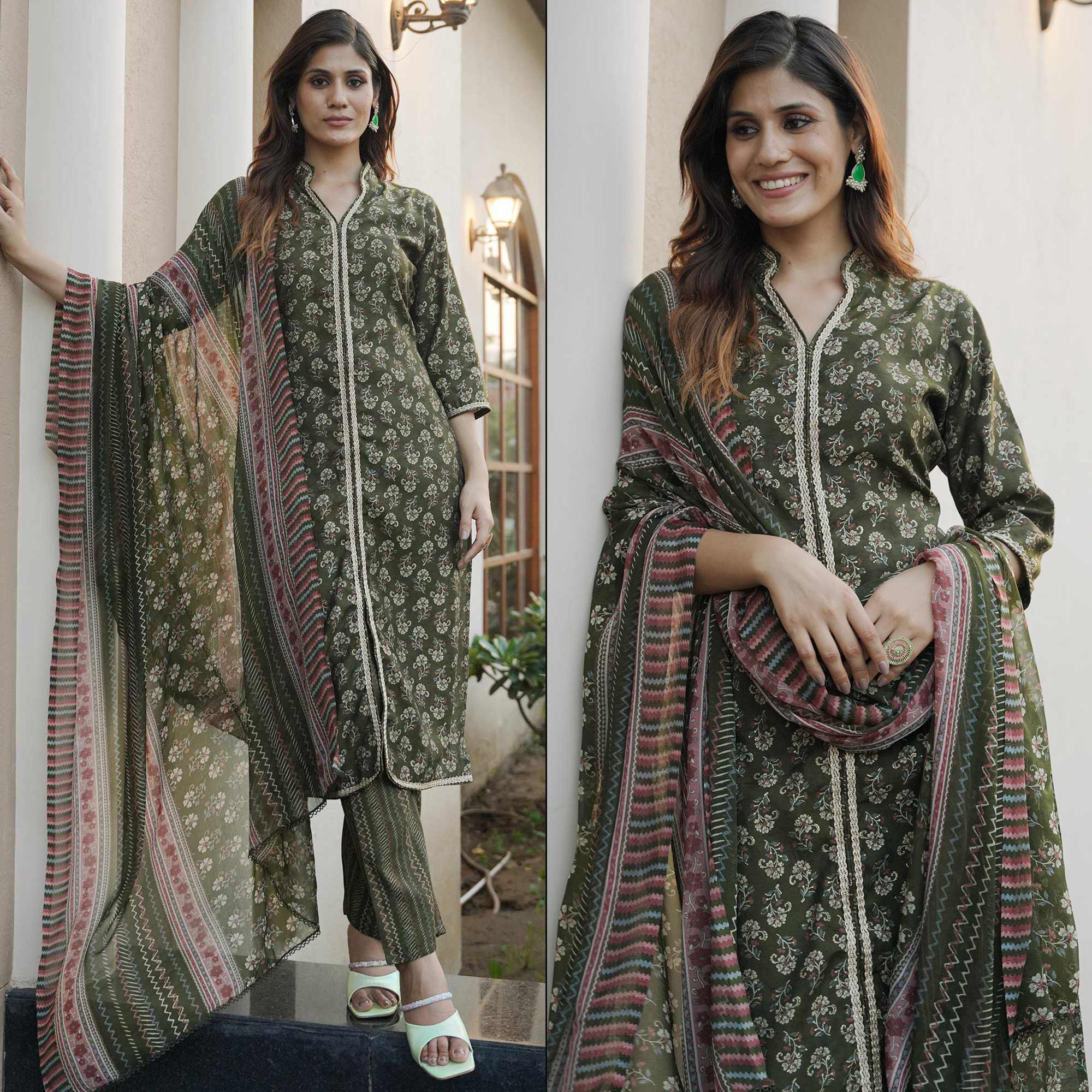 Green Floral Foil Printed Modal Suit