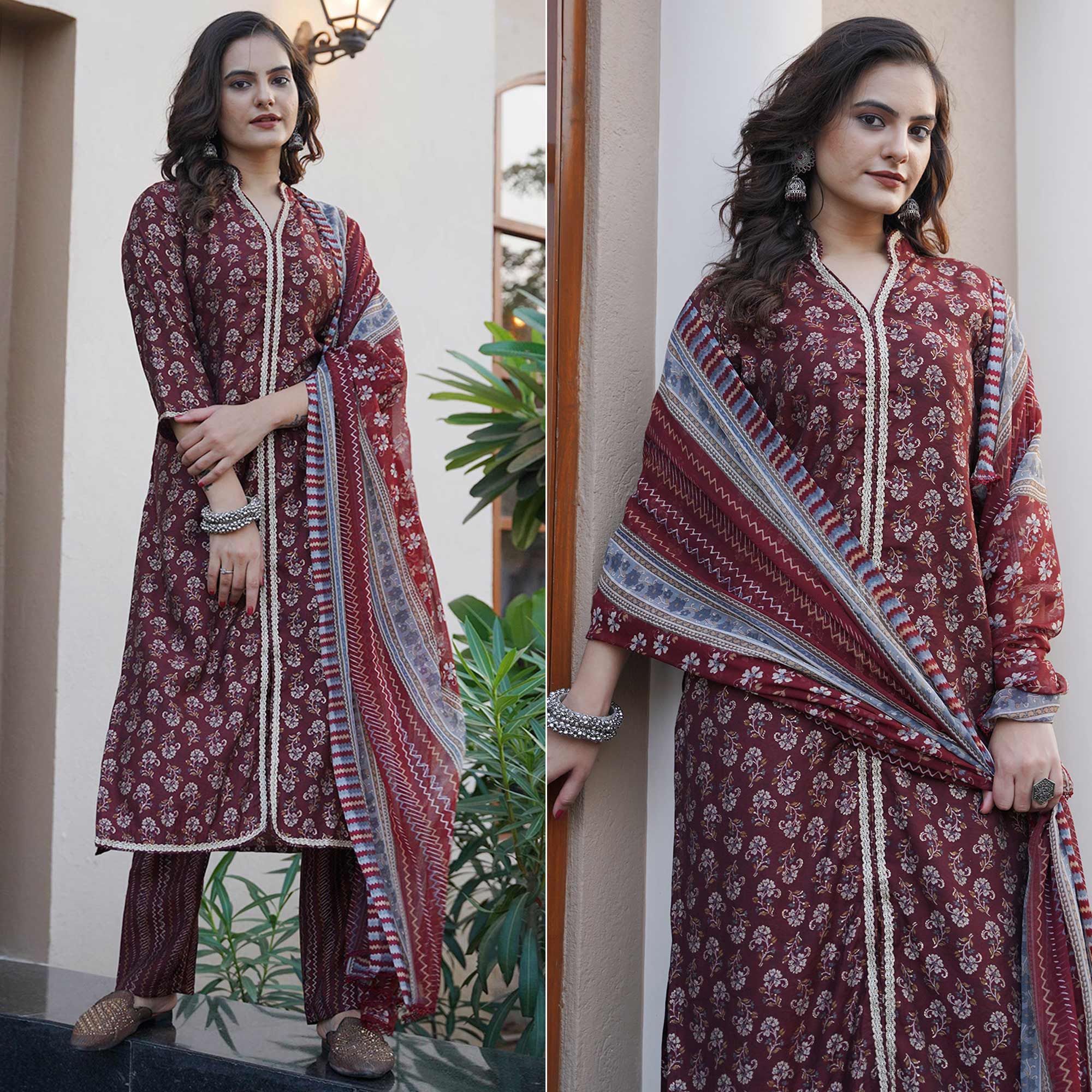 Maroon Floral Foil Printed Modal Suit