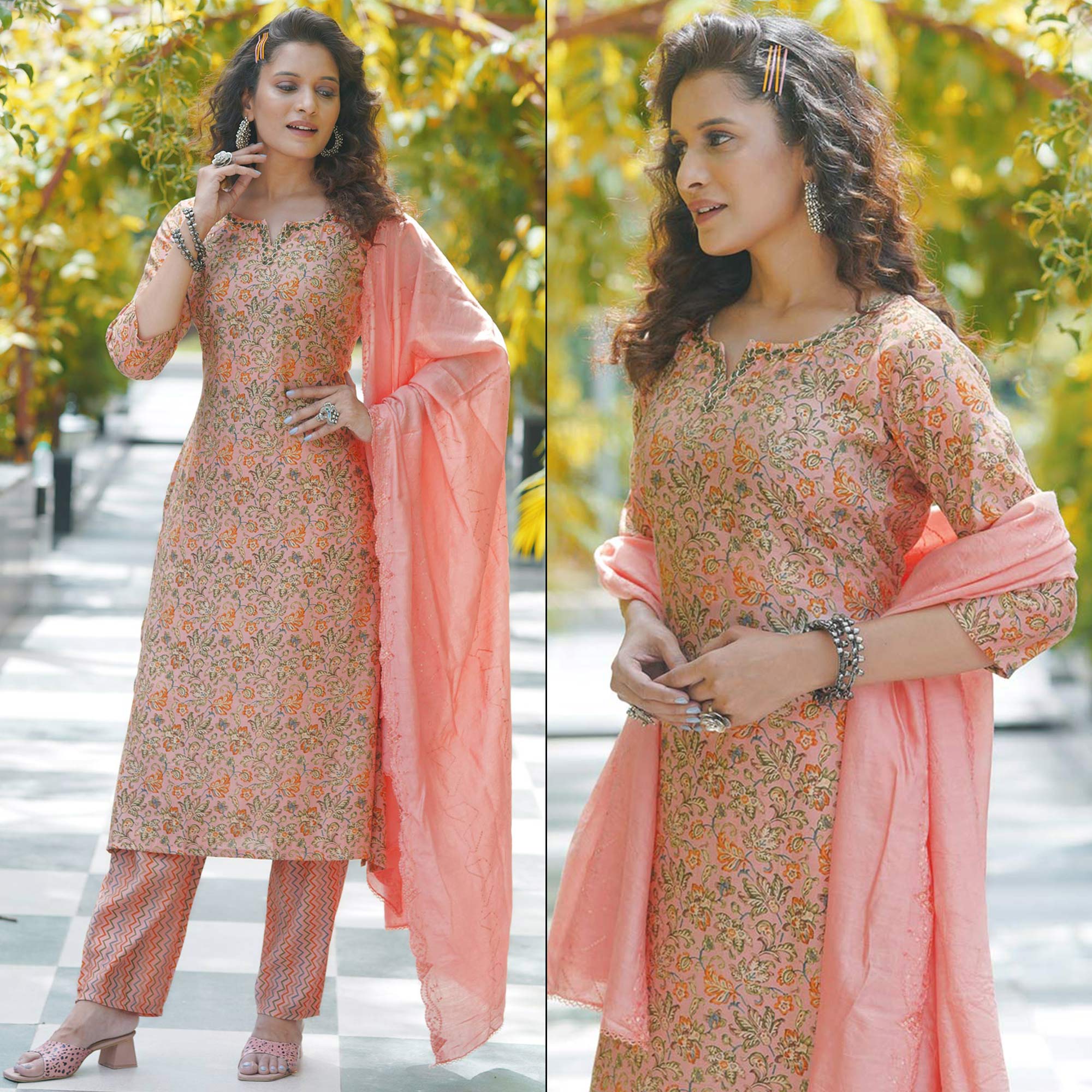 Peach Floral Printed Modal Kurti Pant Set