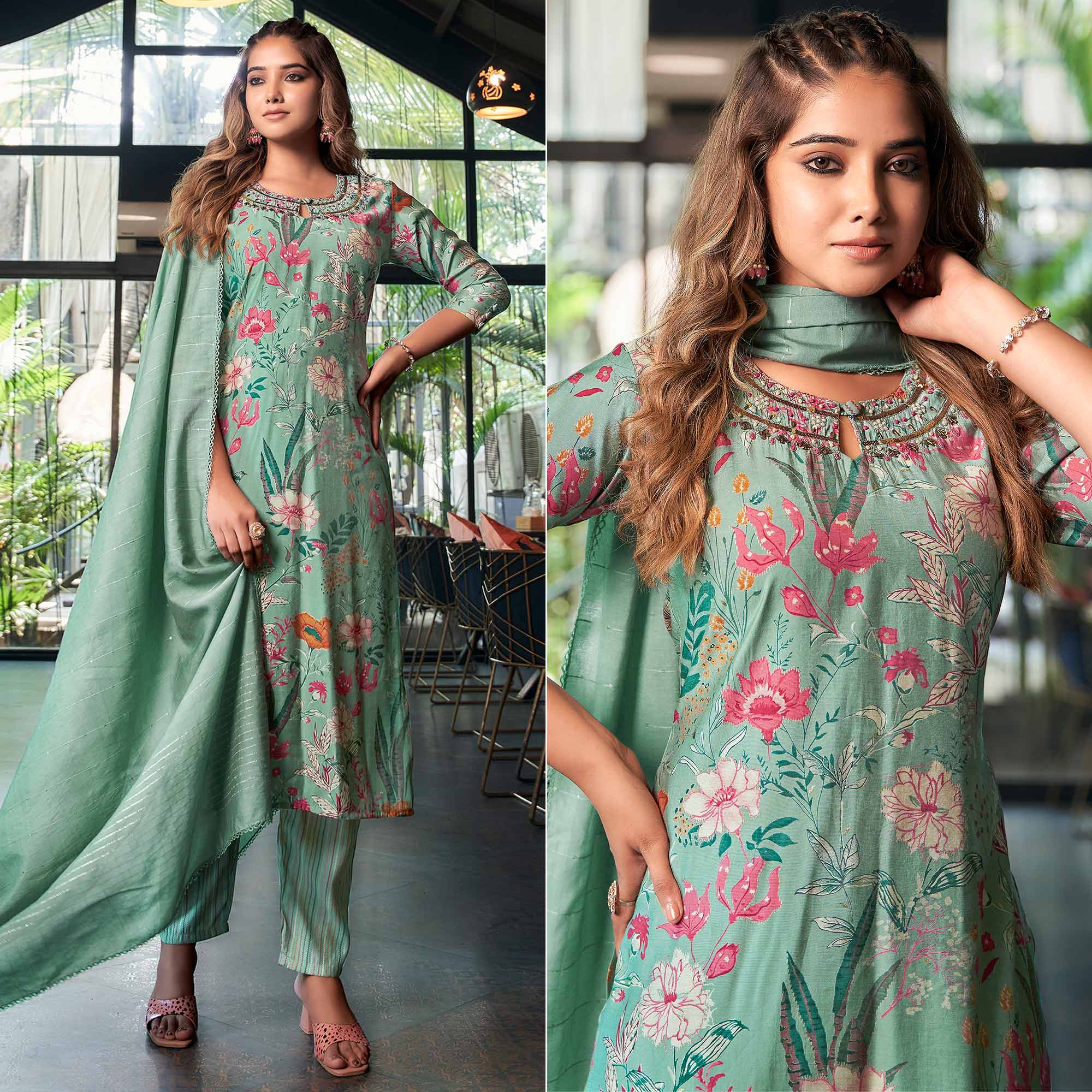Turquoise Straight Chanderi Silk Suit With Handcrafted & Foil Print