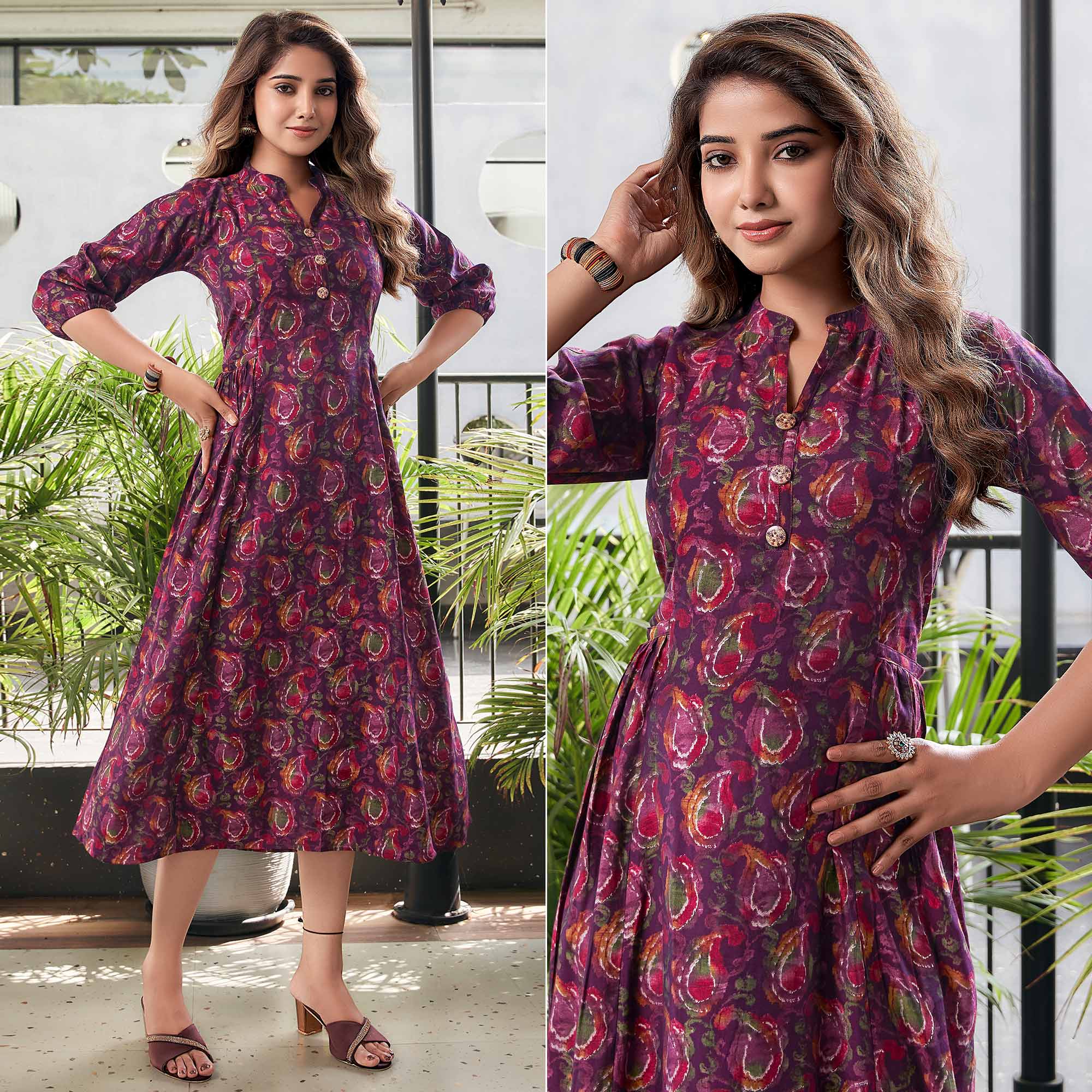 Wine Paisley Printed Chanderi A-Line Dress