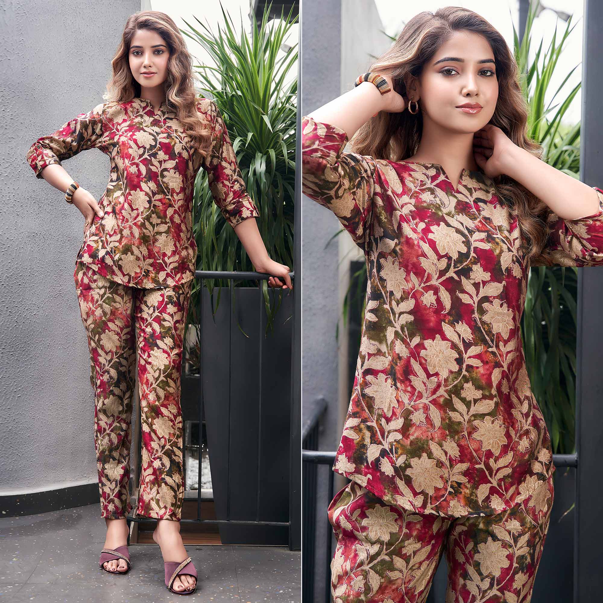 Wine Foil Printed Chanderi Silk Co-ord Set