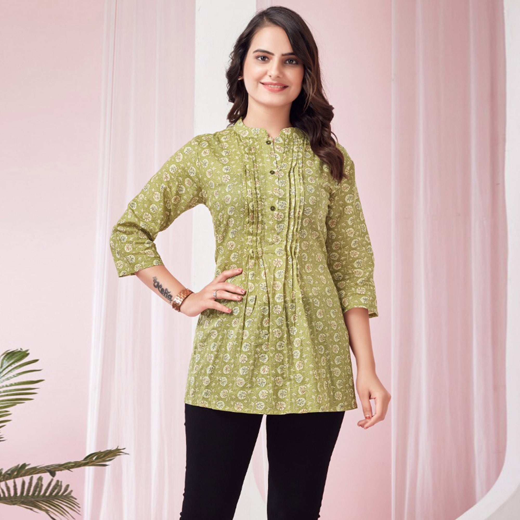 Green Foil Printed Pure Cotton Top