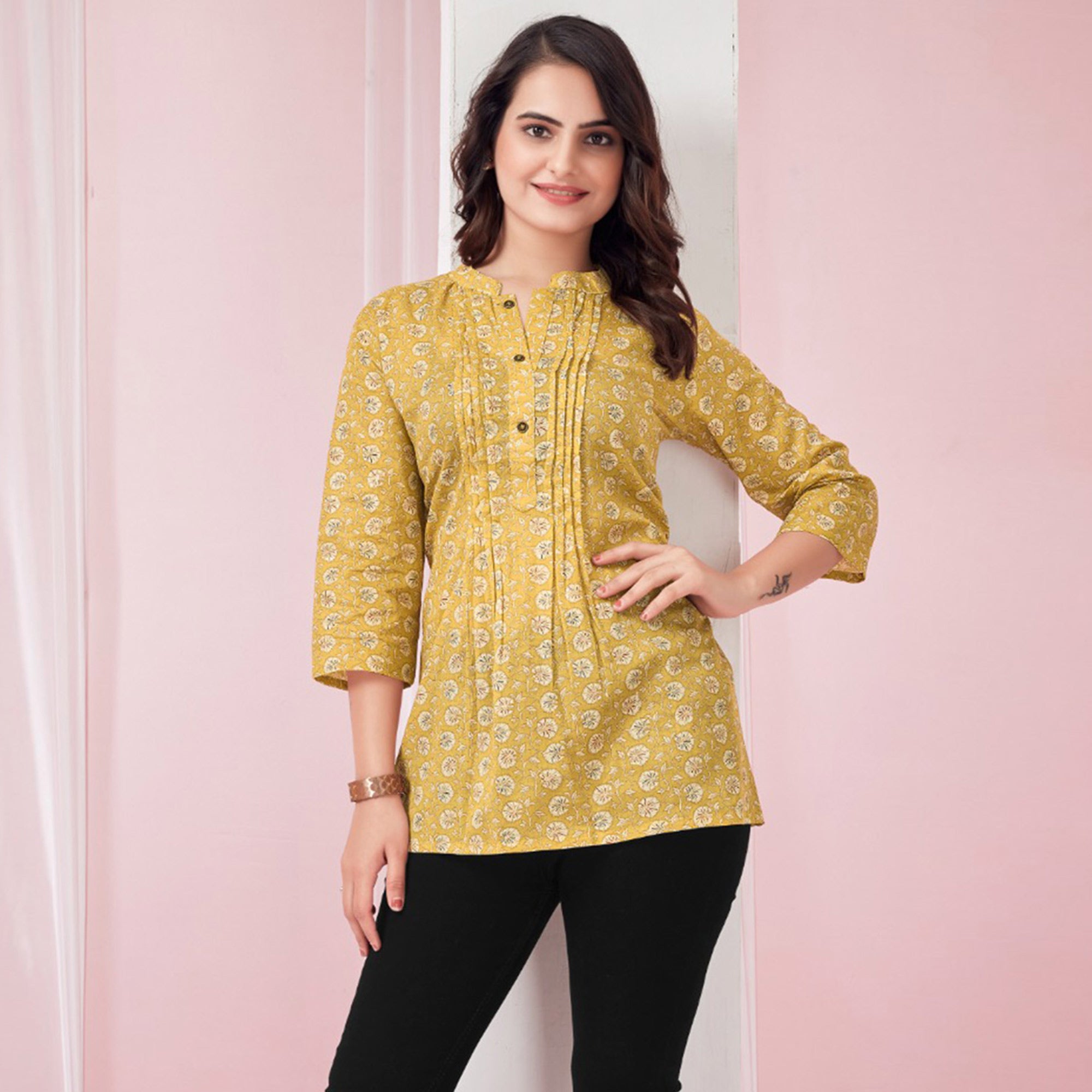 Yellow Foil Printed Pure Cotton Top