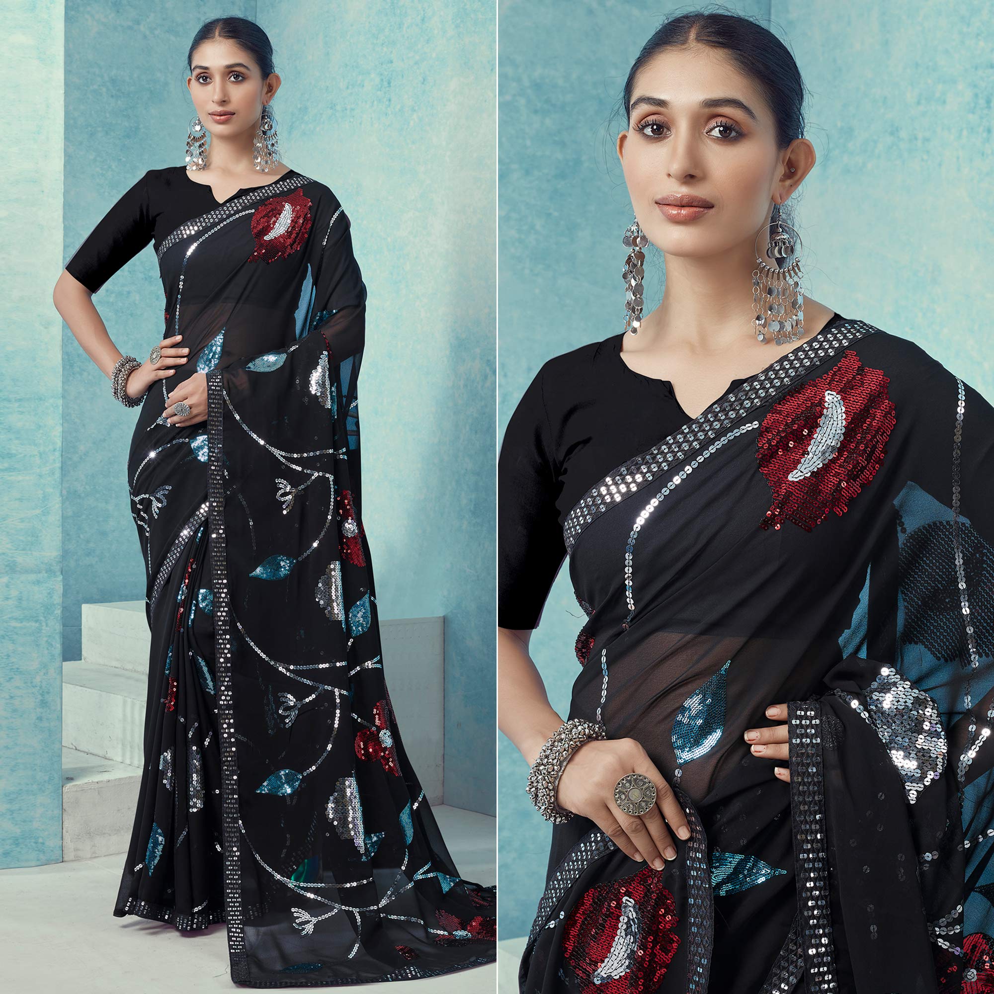 Black Sequins Embroidered Georgette Saree