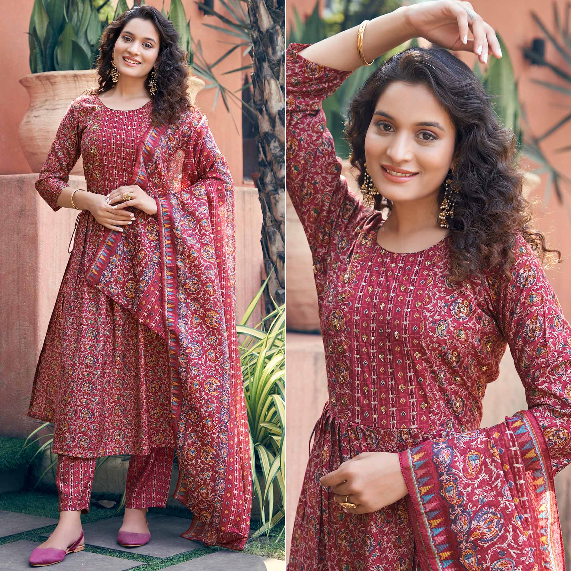 Maroon Floral Printed Chanderi Silk Naira Cut Suit