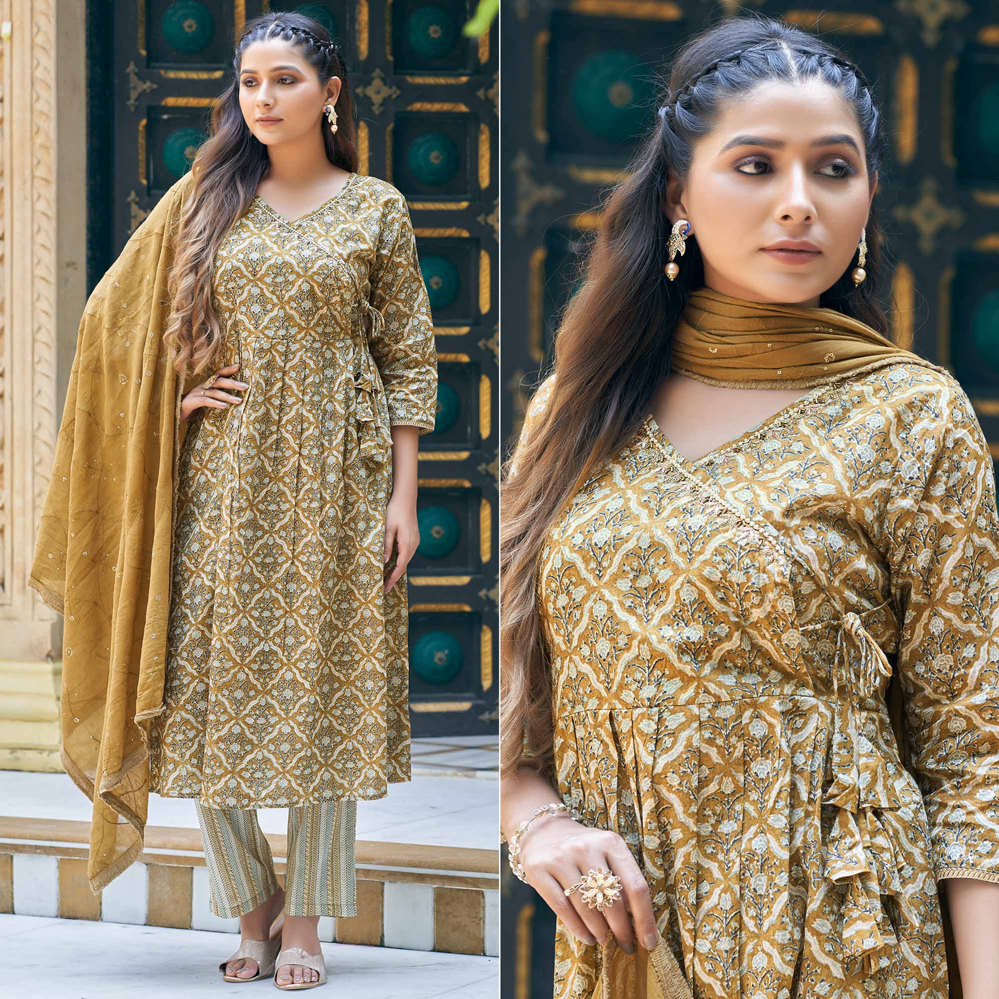 Mustard Angrakha Pure Cotton Suit with Foil Print & Zardozi Handcrafted Neckline